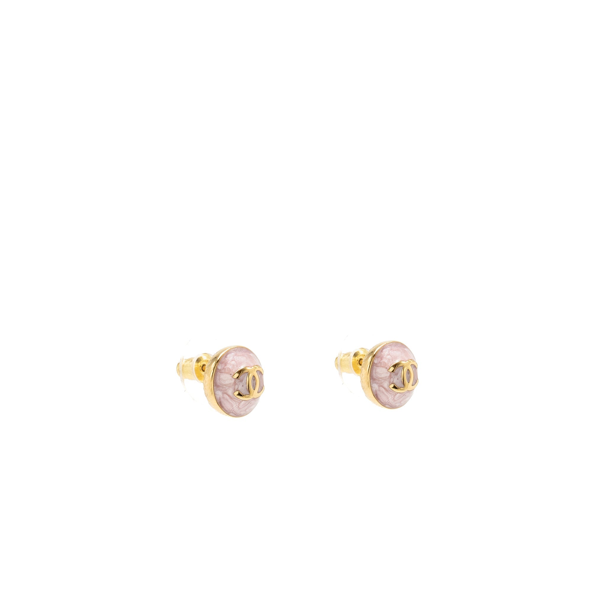 CHANEL 26C ROUND CC LOGO EARRINGS PINK GOLD TONE