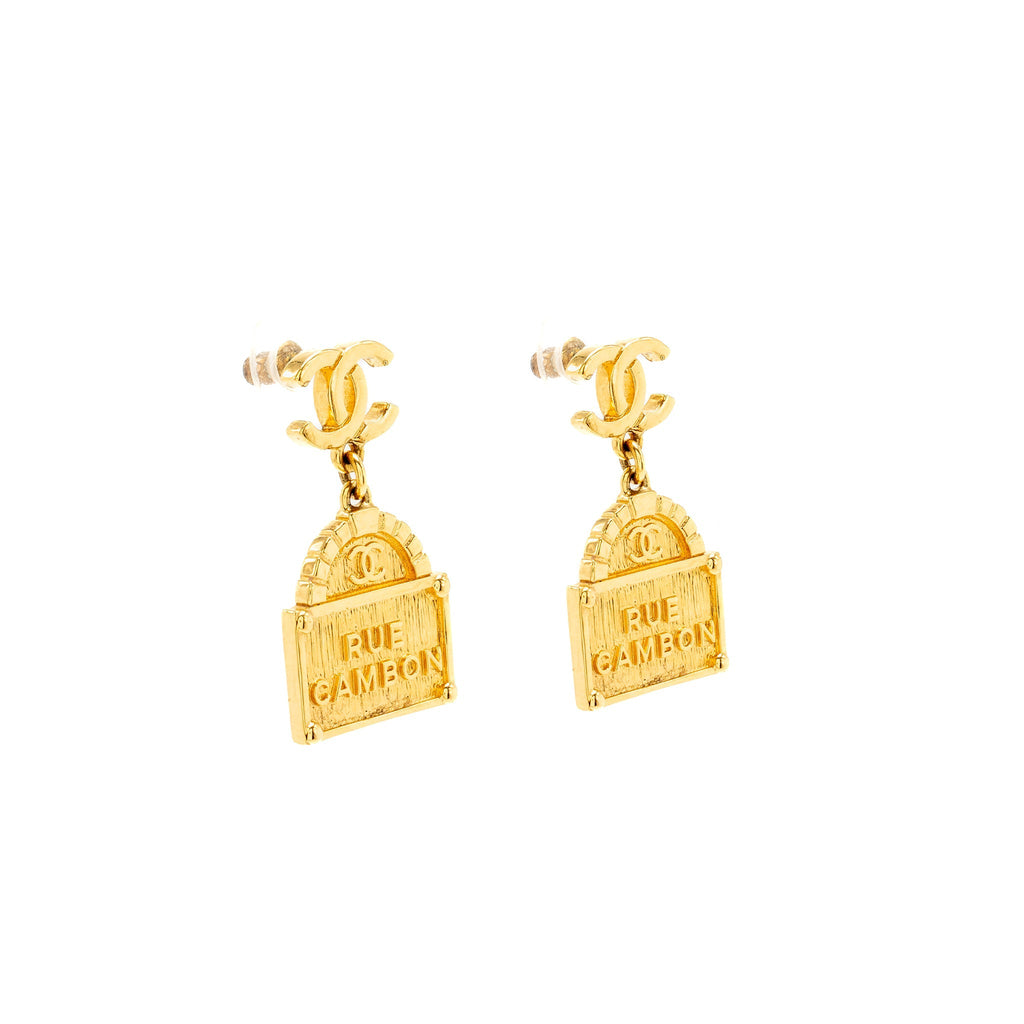 CHANEL CC LOGO RUE CAMBON DROP EARRINGS GOLD TONE