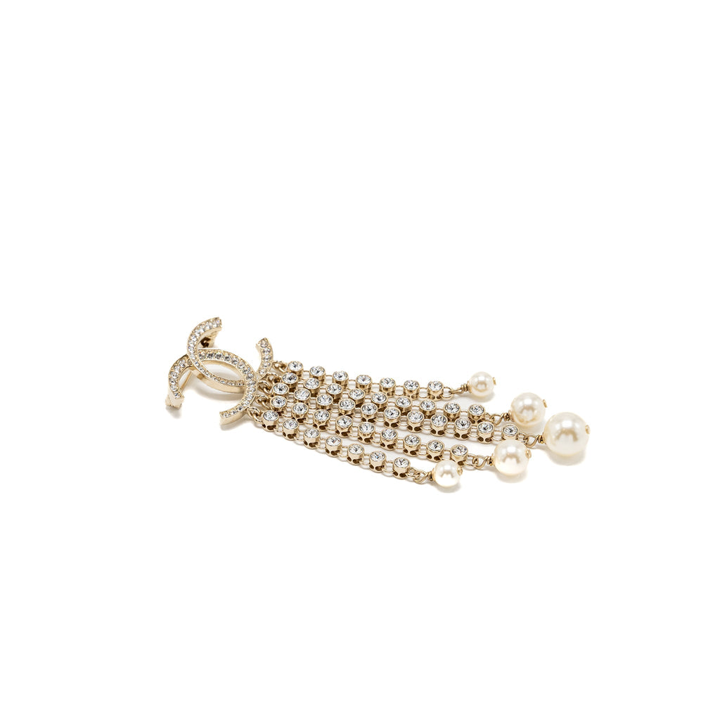 CHANEL CC LOGO WITH DROP CHAINS BROOCH CRYSTAL GOLD TONE