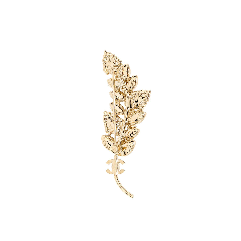 CHANEL CC LEAVES BROOCH CRYSTAL LIGHT GOLD TONE