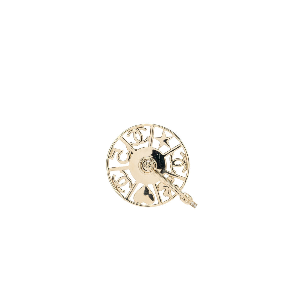 CHANEL STRASS SPINNING WHEEL PIN BROOCH WITH CRYSTAL / PEARL LIGHT GOLD TONE