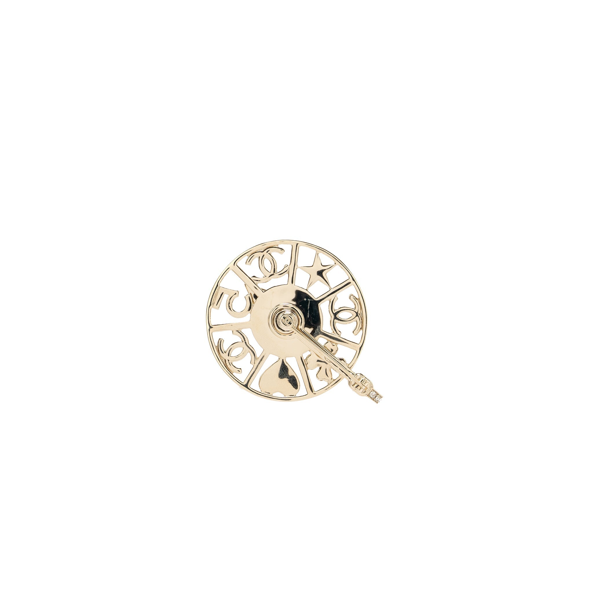 CHANEL STRASS SPINNING WHEEL PIN BROOCH WITH CRYSTAL / PEARL LIGHT GOLD TONE