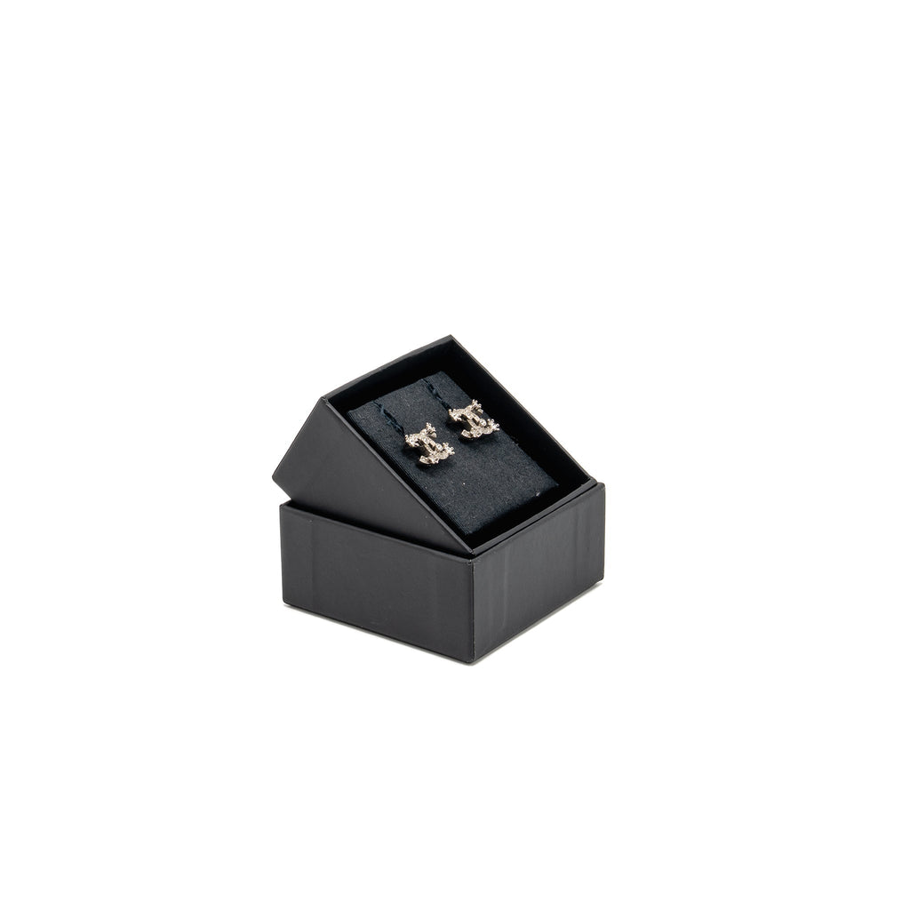 CHANEL CRYSTAL CC LOGO EARRINGS RUTHENIUM SILVER TONE