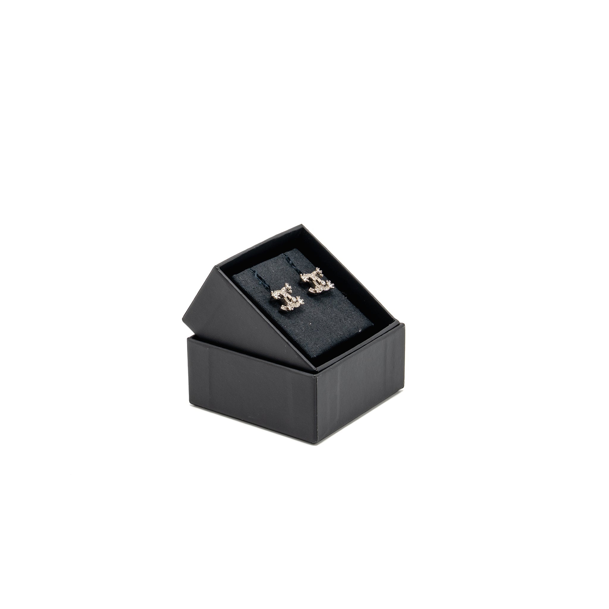 CHANEL CRYSTAL CC LOGO EARRINGS RUTHENIUM SILVER TONE