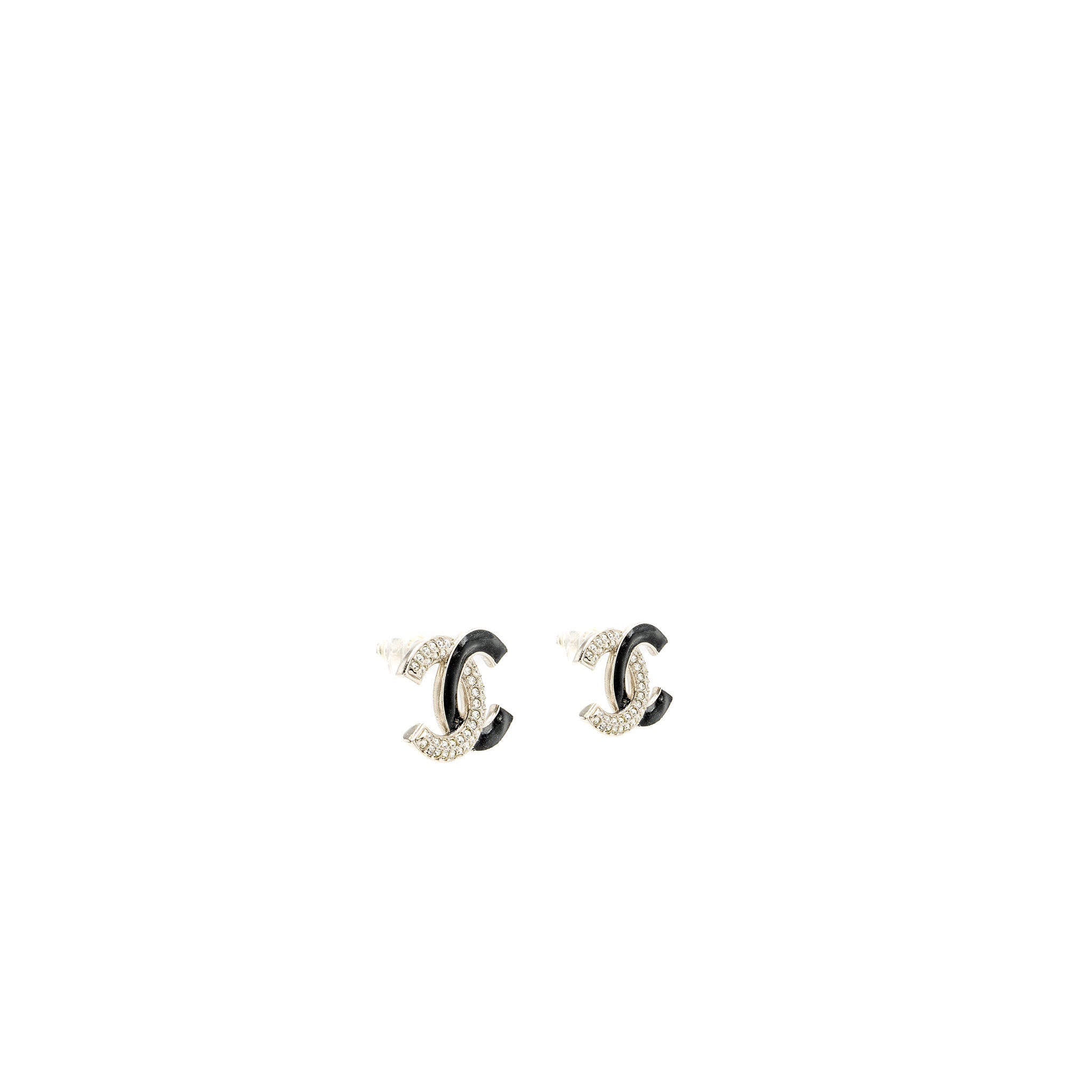 CHANEL CC LOGO EARRINGS CRYSTAL SILVER TONE