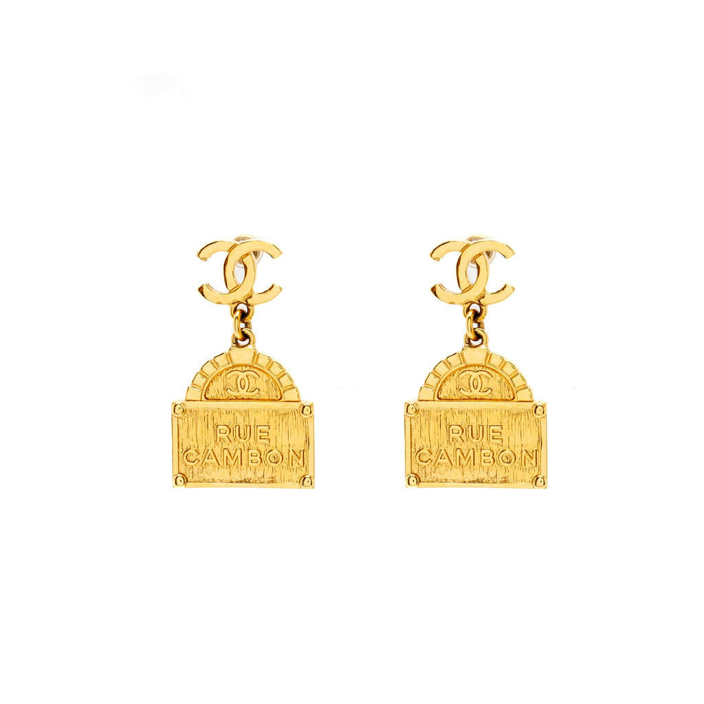 CHANEL CC LOGO RUE CAMBON DROP EARRINGS GOLD TONE