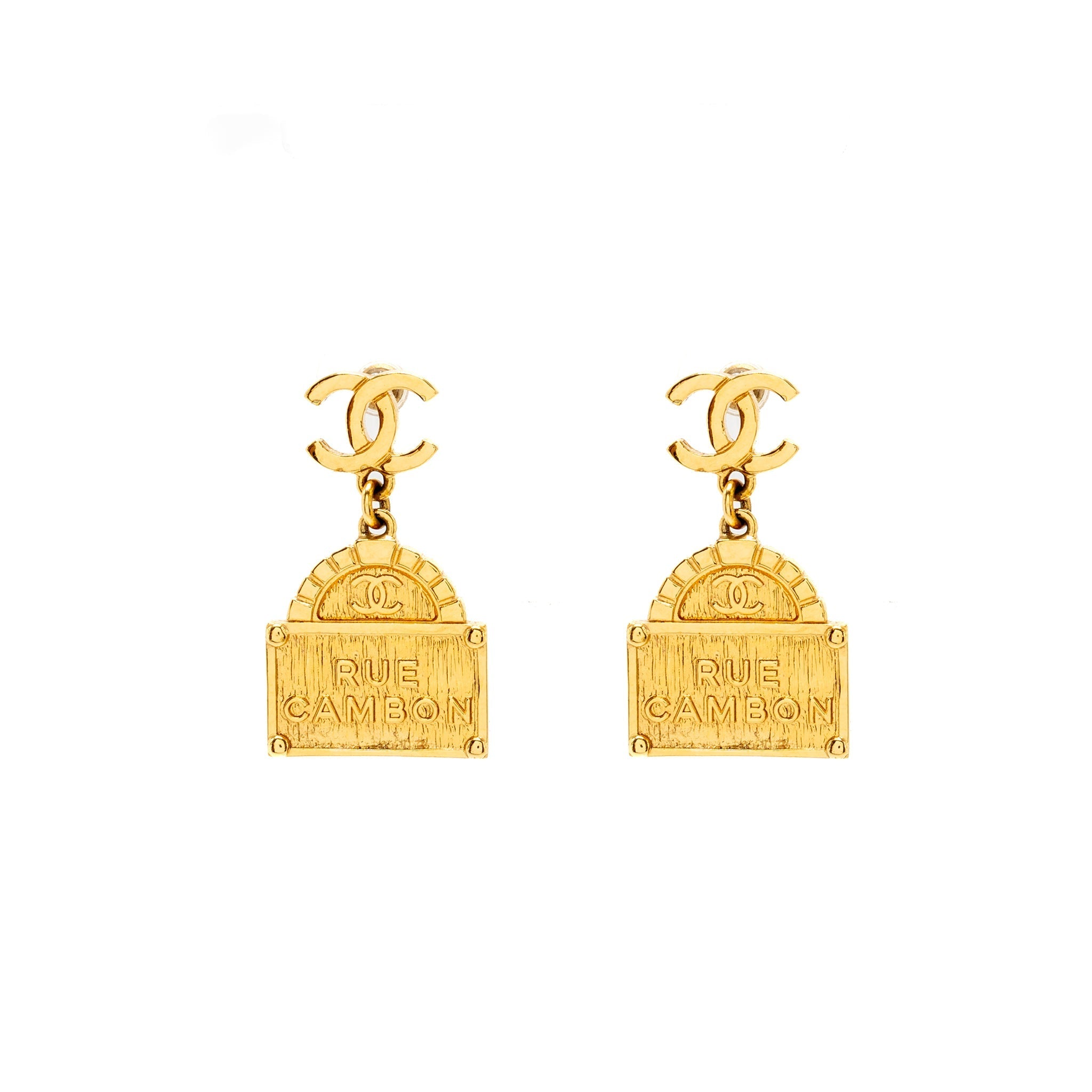 CHANEL CC LOGO RUE CAMBON DROP EARRINGS GOLD TONE