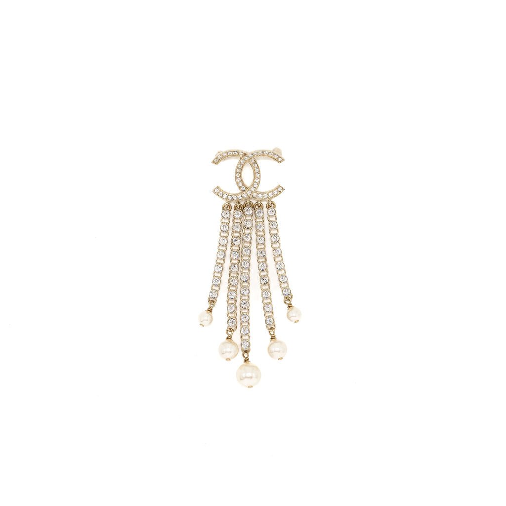 CHANEL CC LOGO WITH DROP CHAINS BROOCH CRYSTAL GOLD TONE