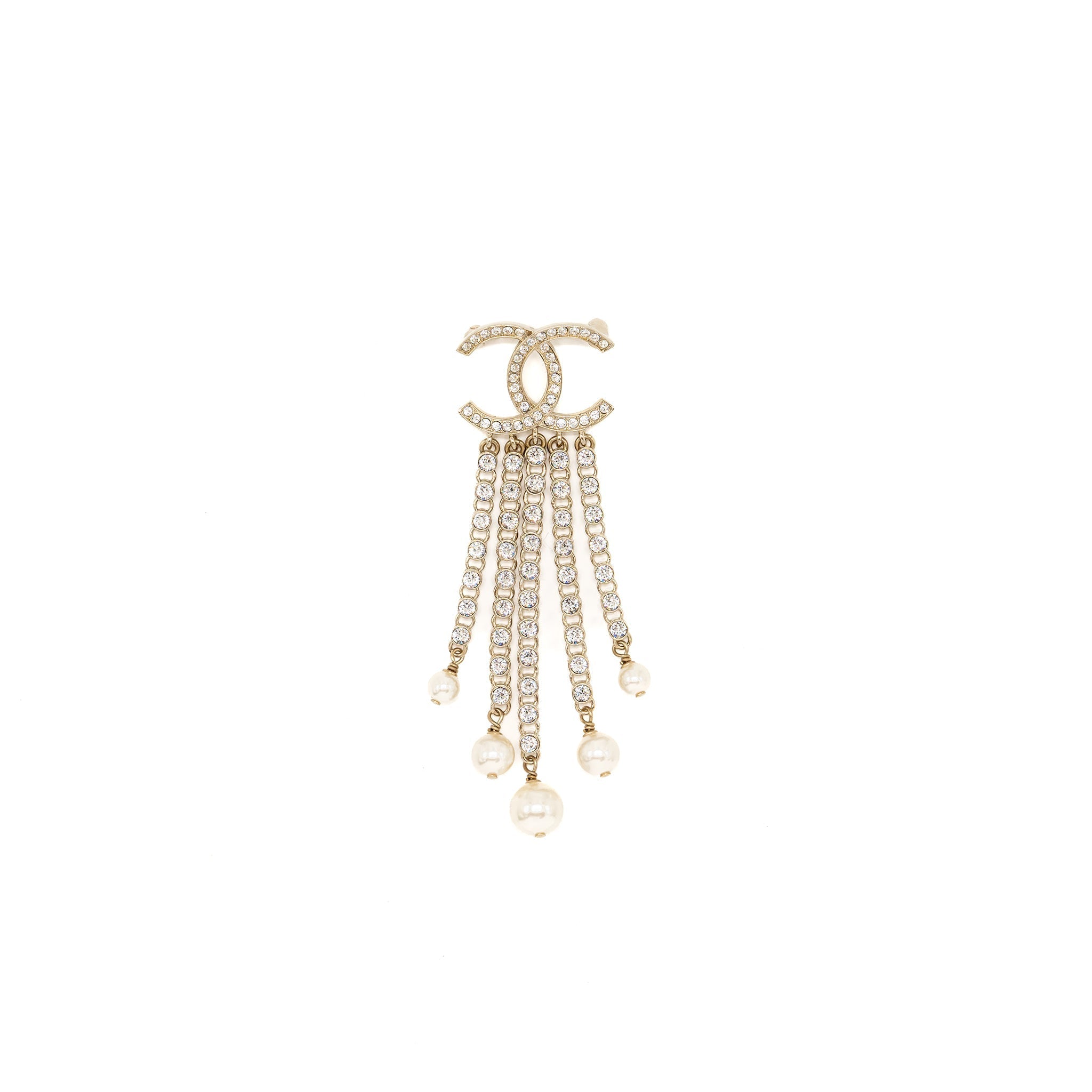 CHANEL CC LOGO WITH CRYSTAL DROPPING BROOCH LIGHT GOLD TONE