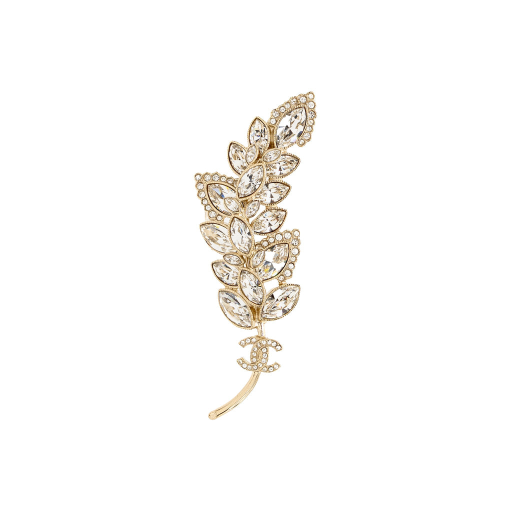 CHANEL CC LEAVES BROOCH CRYSTAL LIGHT GOLD TONE