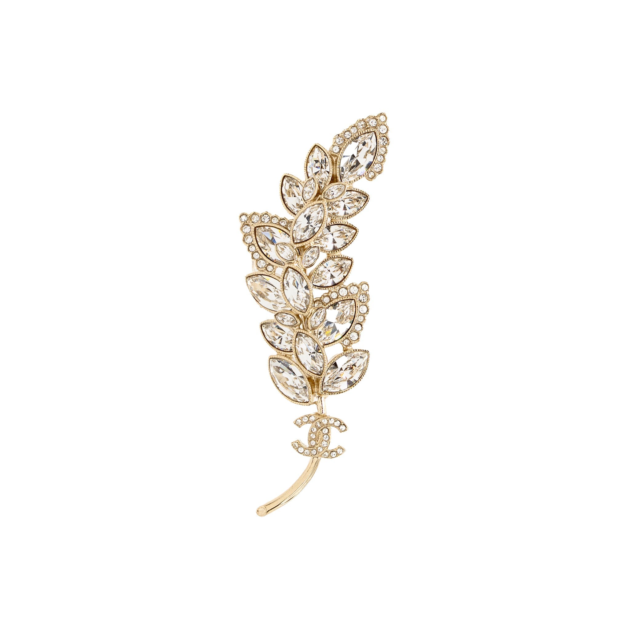 CHANEL CC LEAVES BROOCH CRYSTAL LIGHT GOLD TONE
