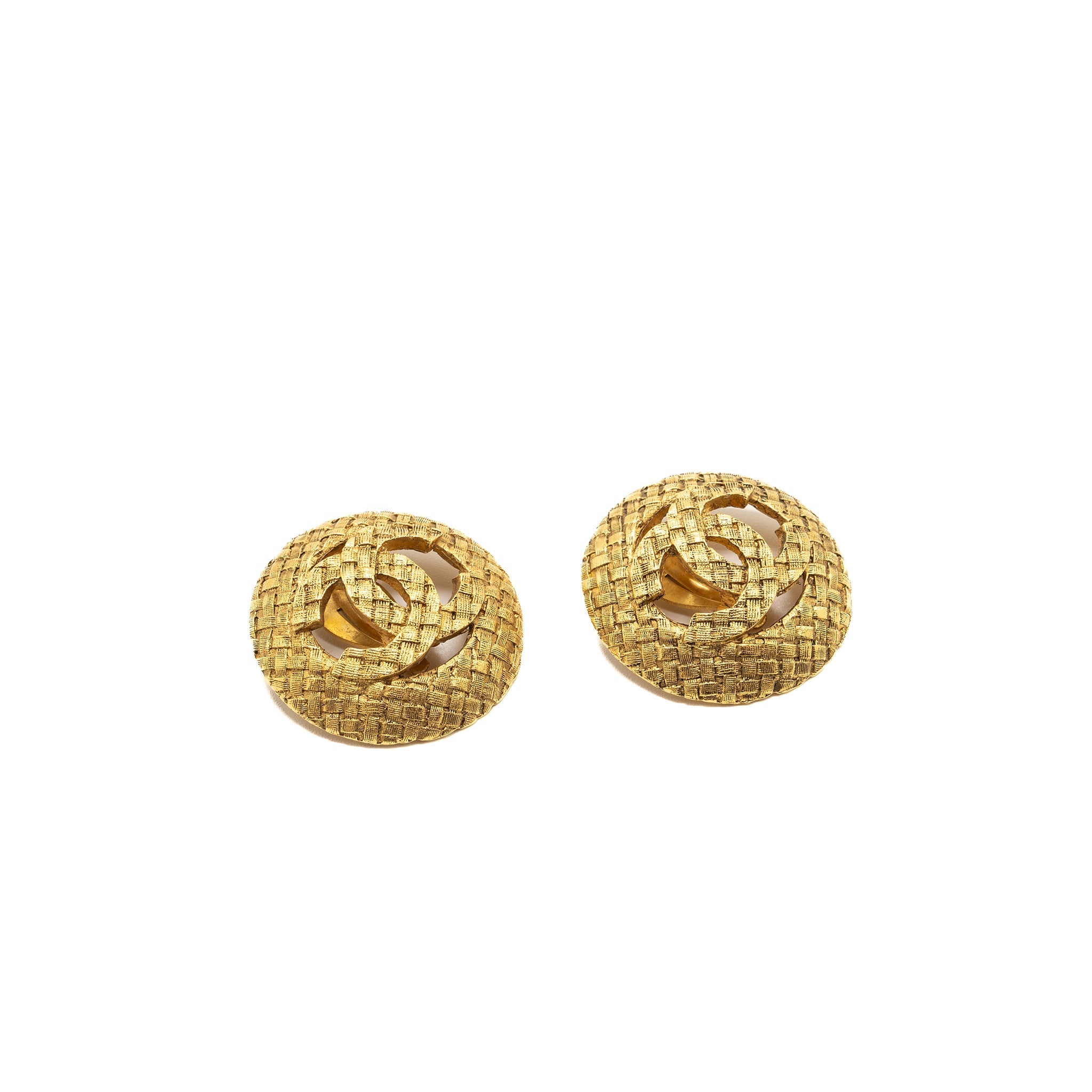CHANEL GIANT CC AND ROUND EAR CLIP BRUSHED GOLD TONE