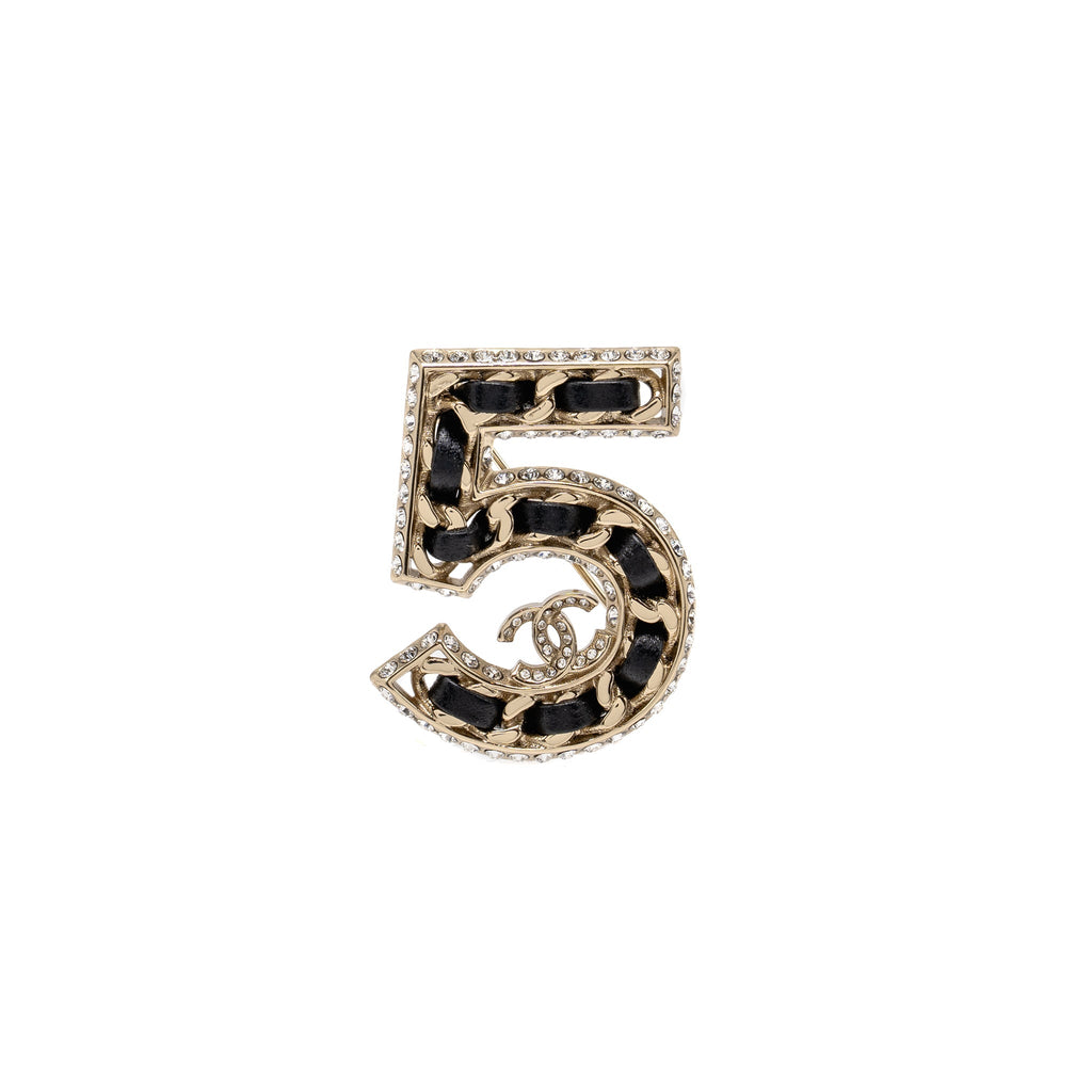 CHANEL NO.5 LEATHER CHAIN CRYSTAL BROOCH LGHW