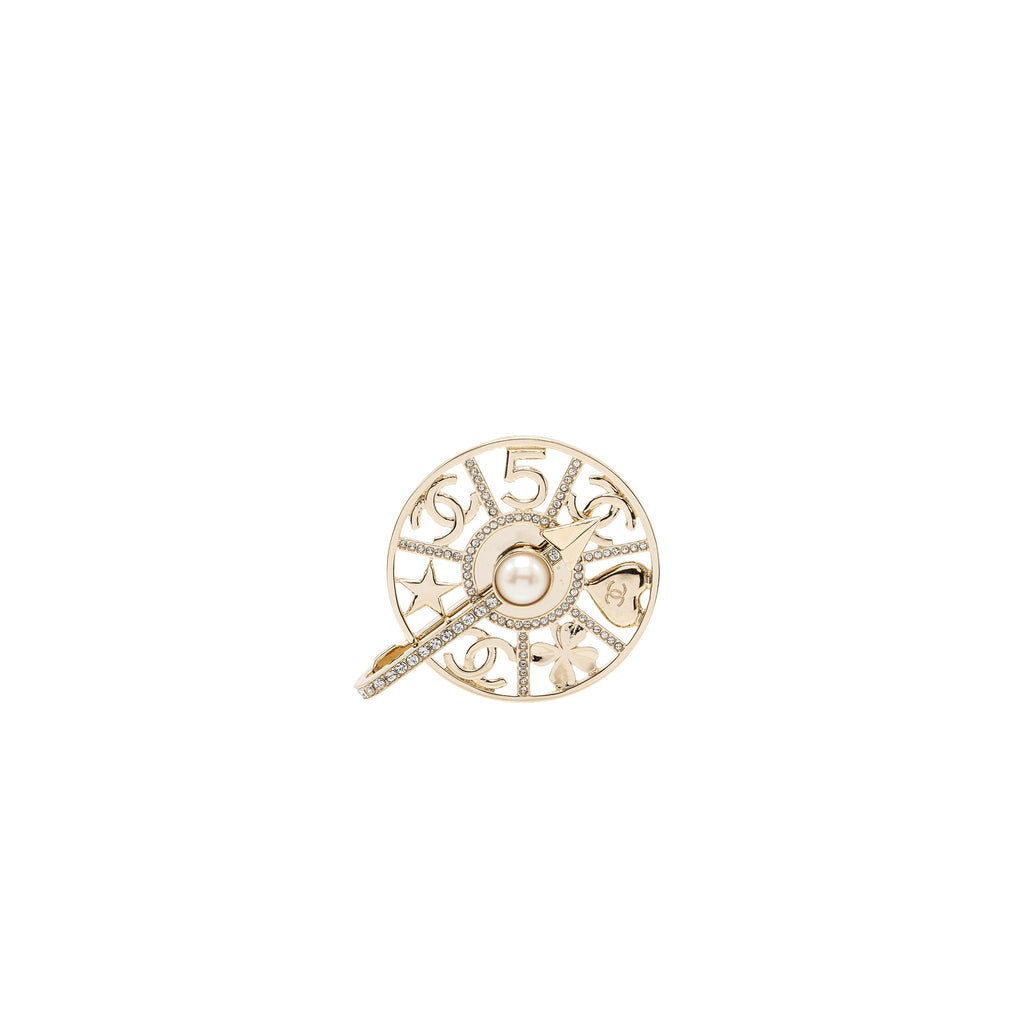 CHANEL STRASS SPINNING WHEEL PIN BROOCH WITH CRYSTAL / PEARL LIGHT GOLD TONE