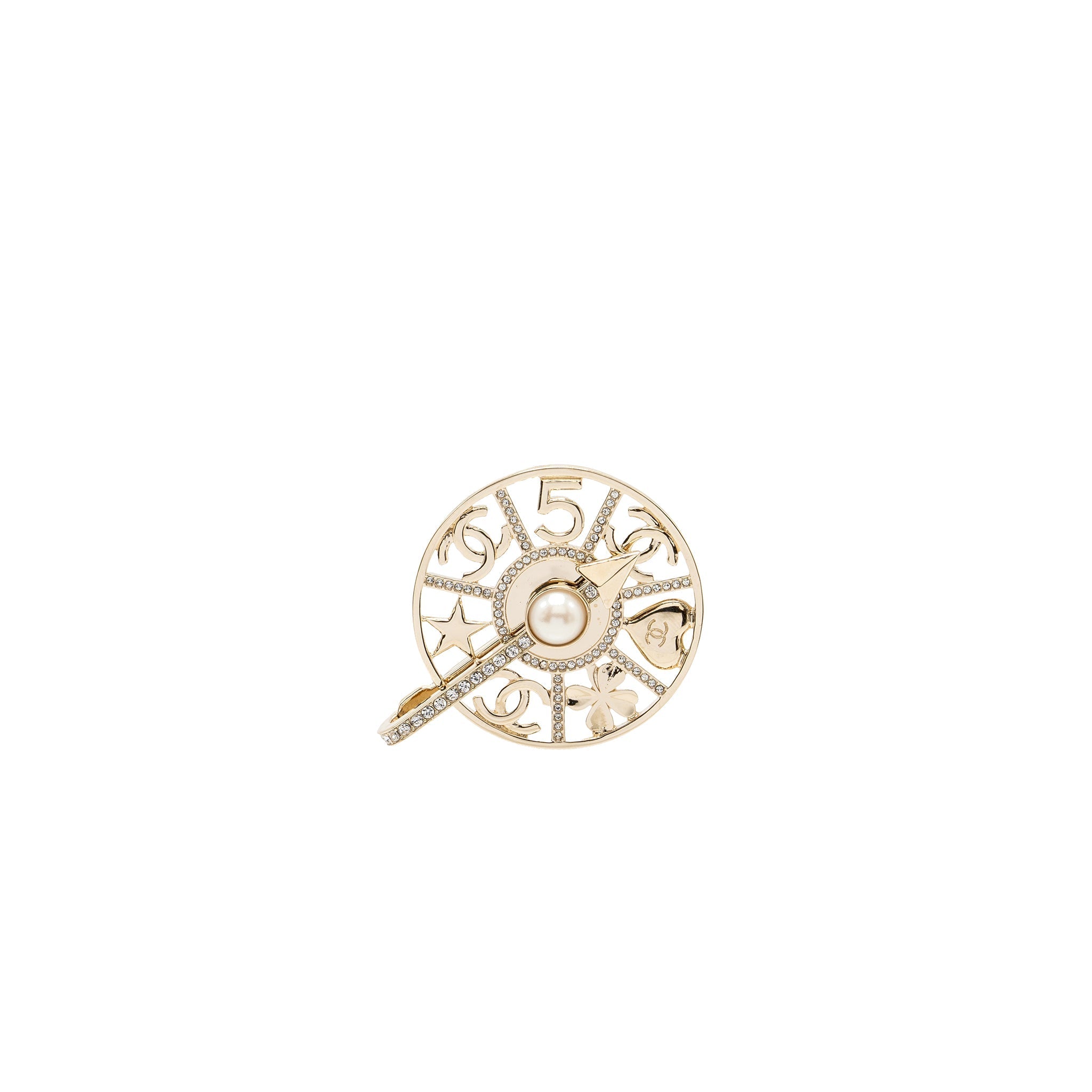CHANEL STRASS SPINNING WHEEL PIN BROOCH WITH CRYSTAL / PEARL LIGHT GOLD TONE