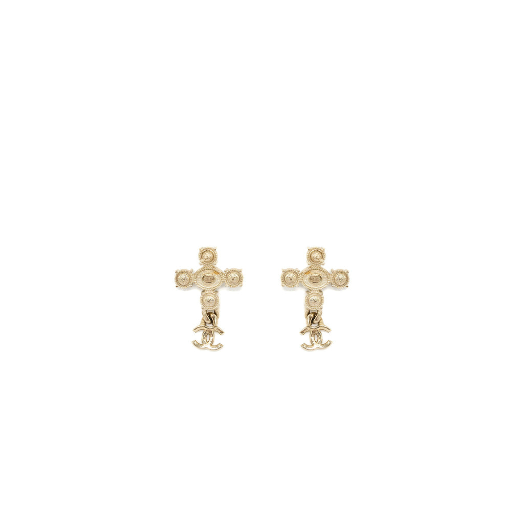 CHANEL CROSS EARRINGS WITH CC LOGO DROPPED, CRYSTAL/ PEARL GOLD TONE