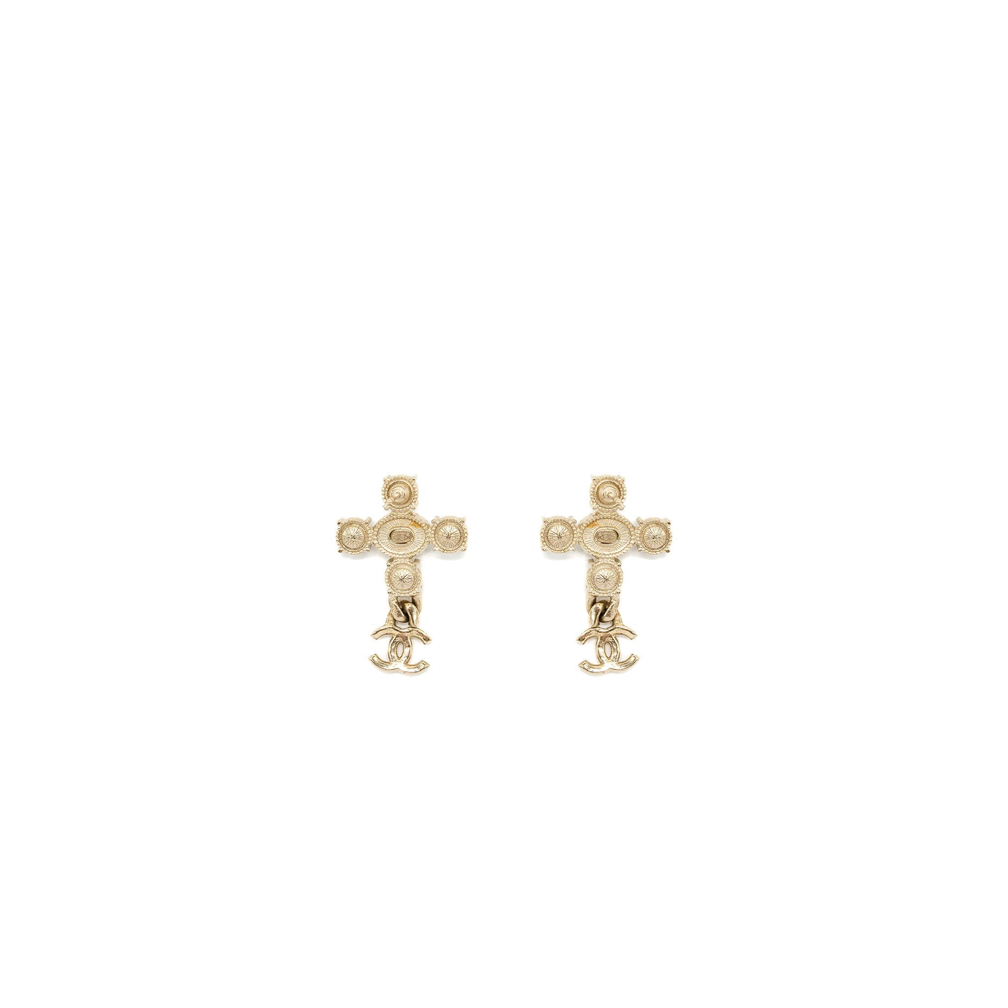 CHANEL CROSS EARRINGS WITH CC LOGO DROPPED, CRYSTAL/ PEARL GOLD TONE
