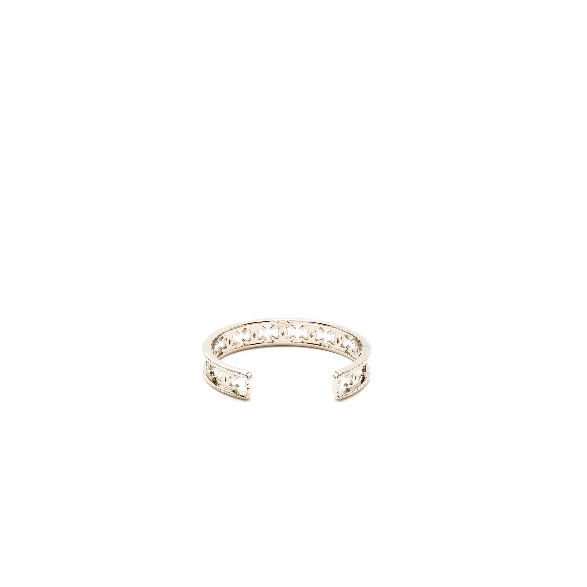 CHANEL CC LOGO CUFF BRACELET CRYSTAL SILVER TONE