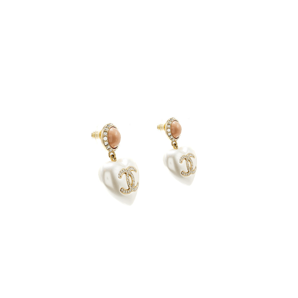 CHANEL GIANT CC LOGO HEART EARRINGS CRYSTAL/PEARL LIGHT GOLD TONE