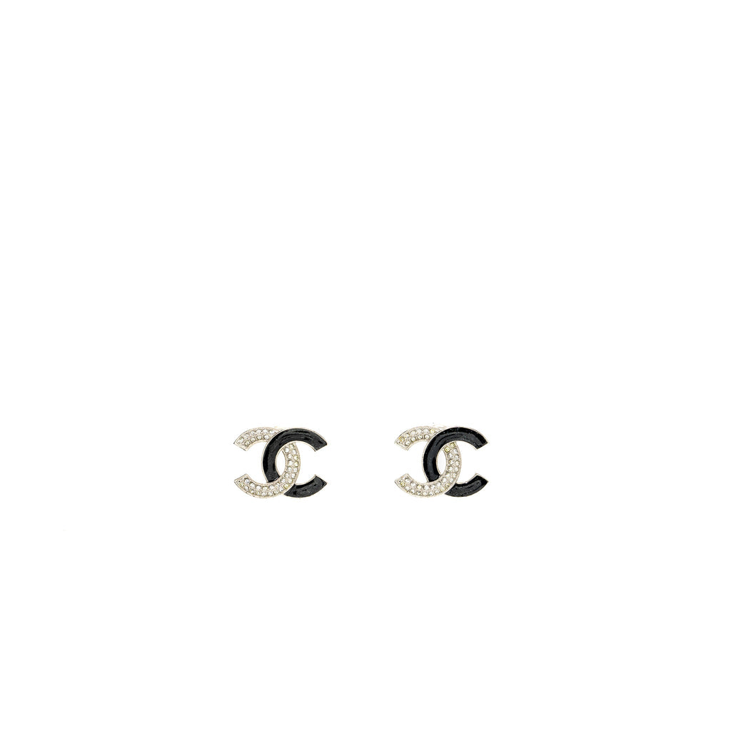 CHANEL CC LOGO EARRINGS CRYSTAL SILVER TONE