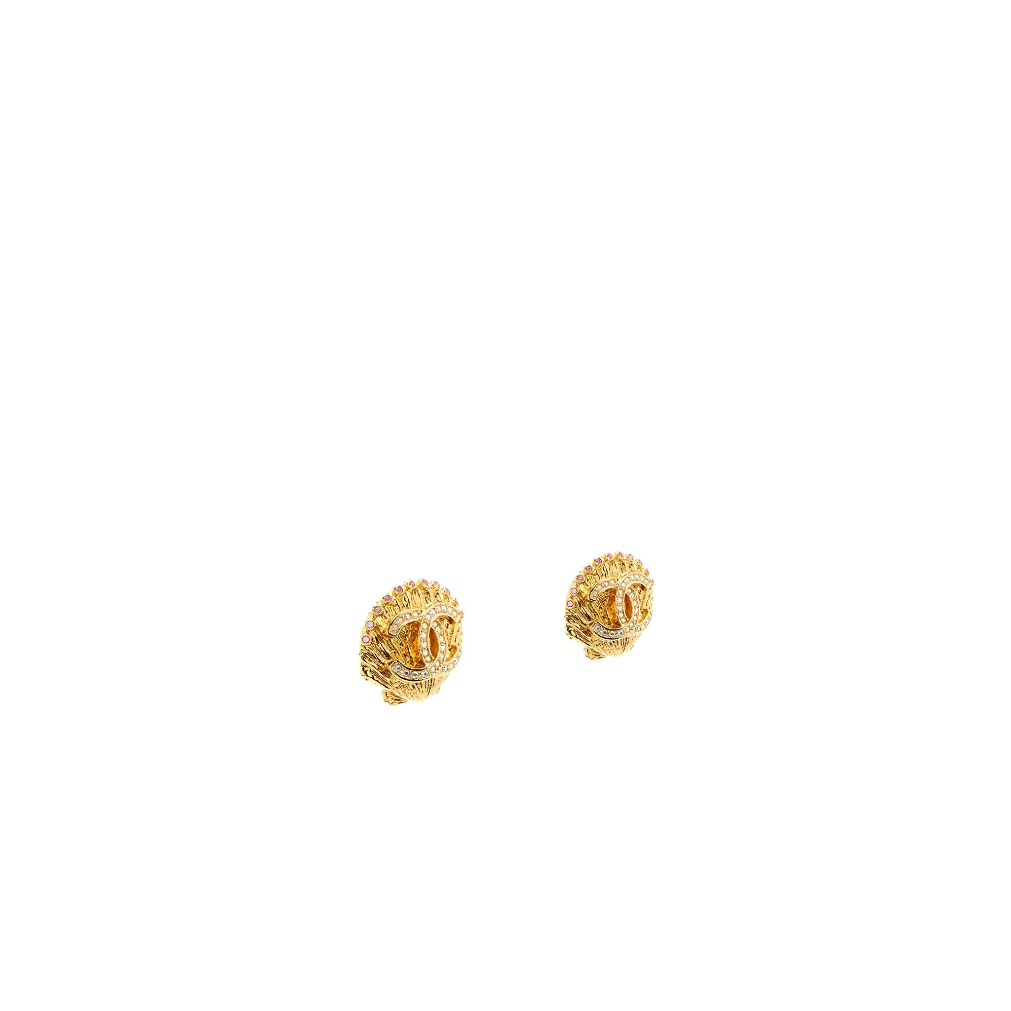 CHANEL SHELL CC LOGO EARRINGS CRYSTAL GOLD TONE