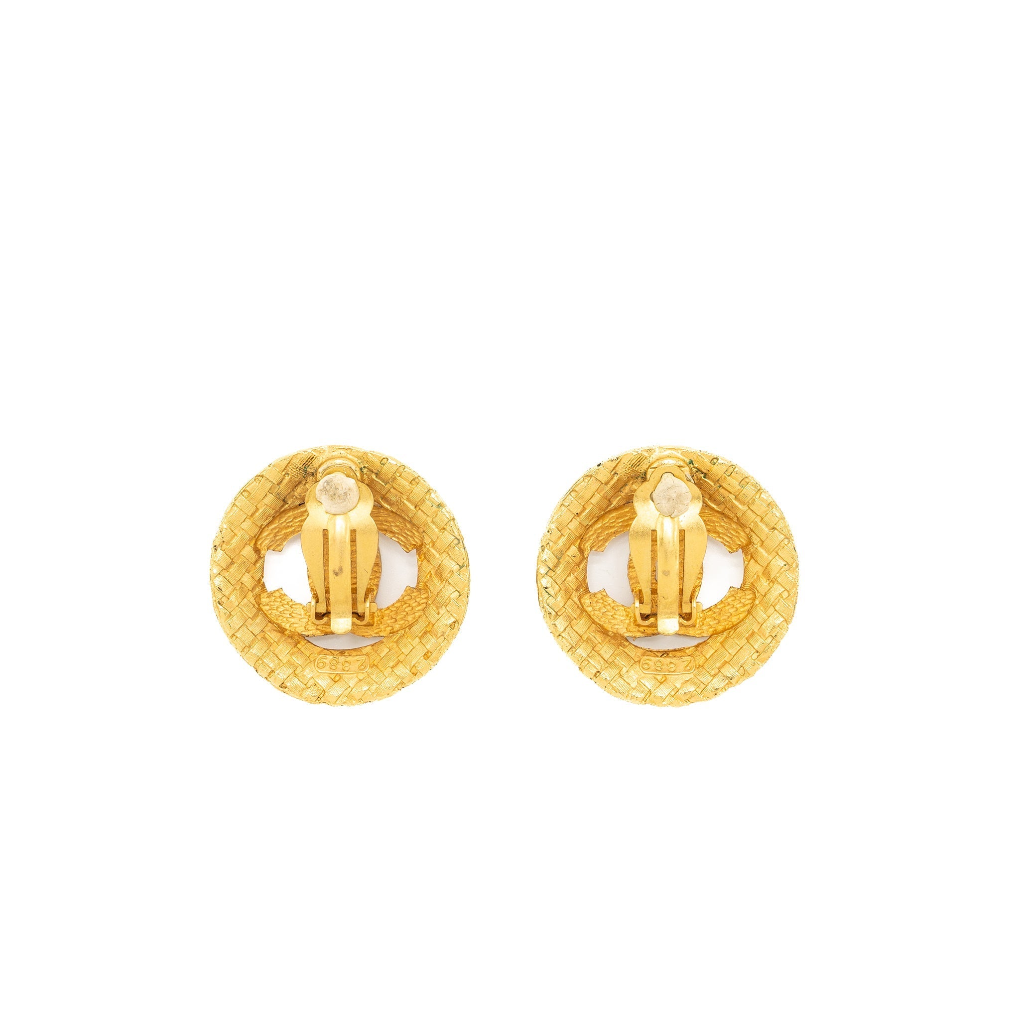 CHANEL GIANT CC AND ROUND EAR CLIP BRUSHED GOLD TONE