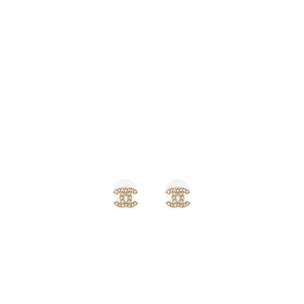 CHANEL CC LOGO CRYSTAL EARRINGS LIGHT GOLD TONE
