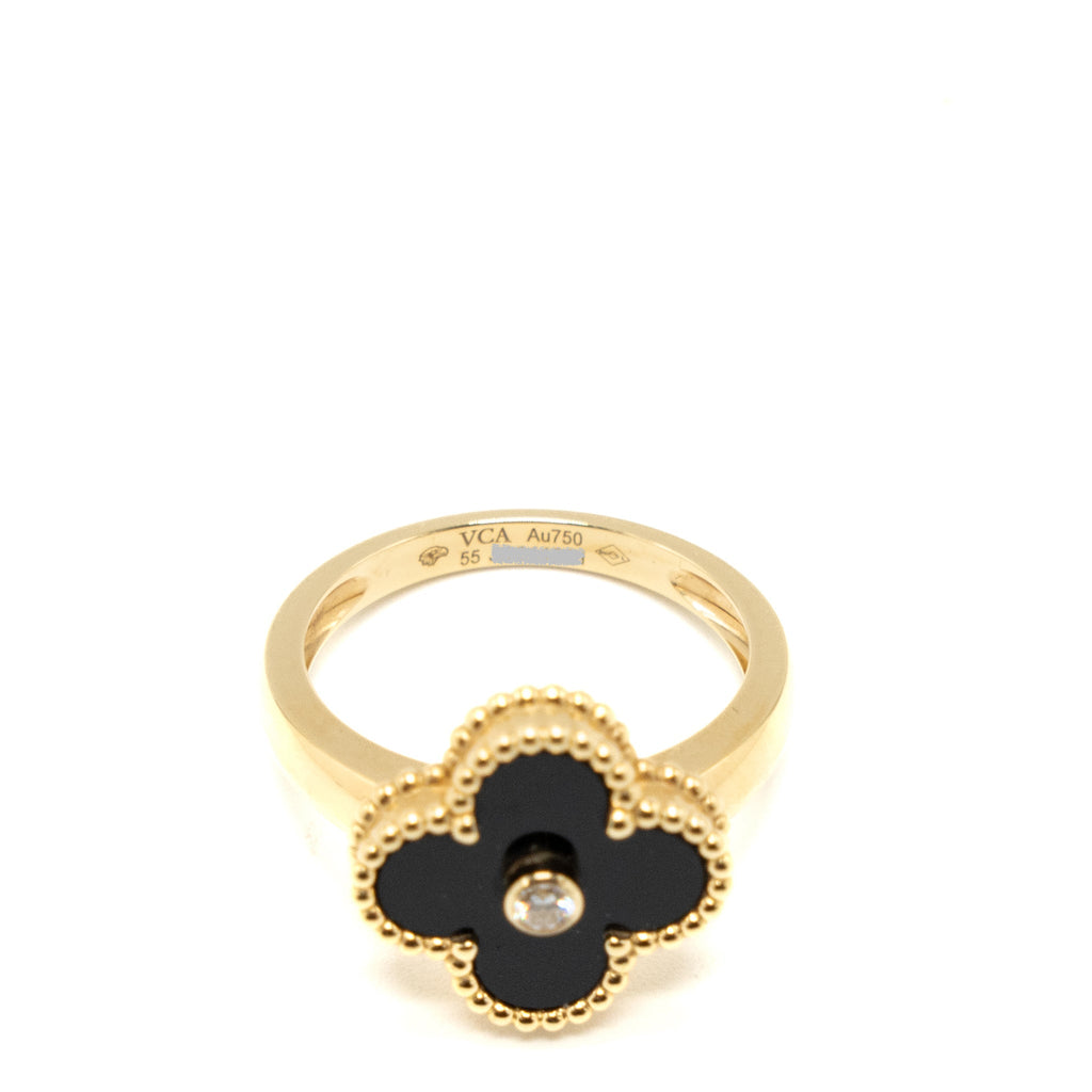 VAN CLEEF & ARPELS VINTAGE ALHAMBRA RING ONYX,18K YELLOW GOLD, DIAMOND