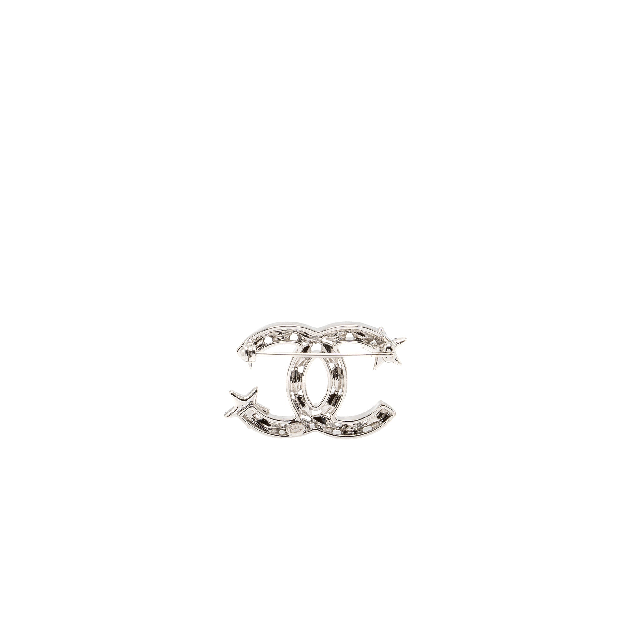 CHANEL CC LOGO STAR BROOCH WITH CRYSTAL SILVER TONE