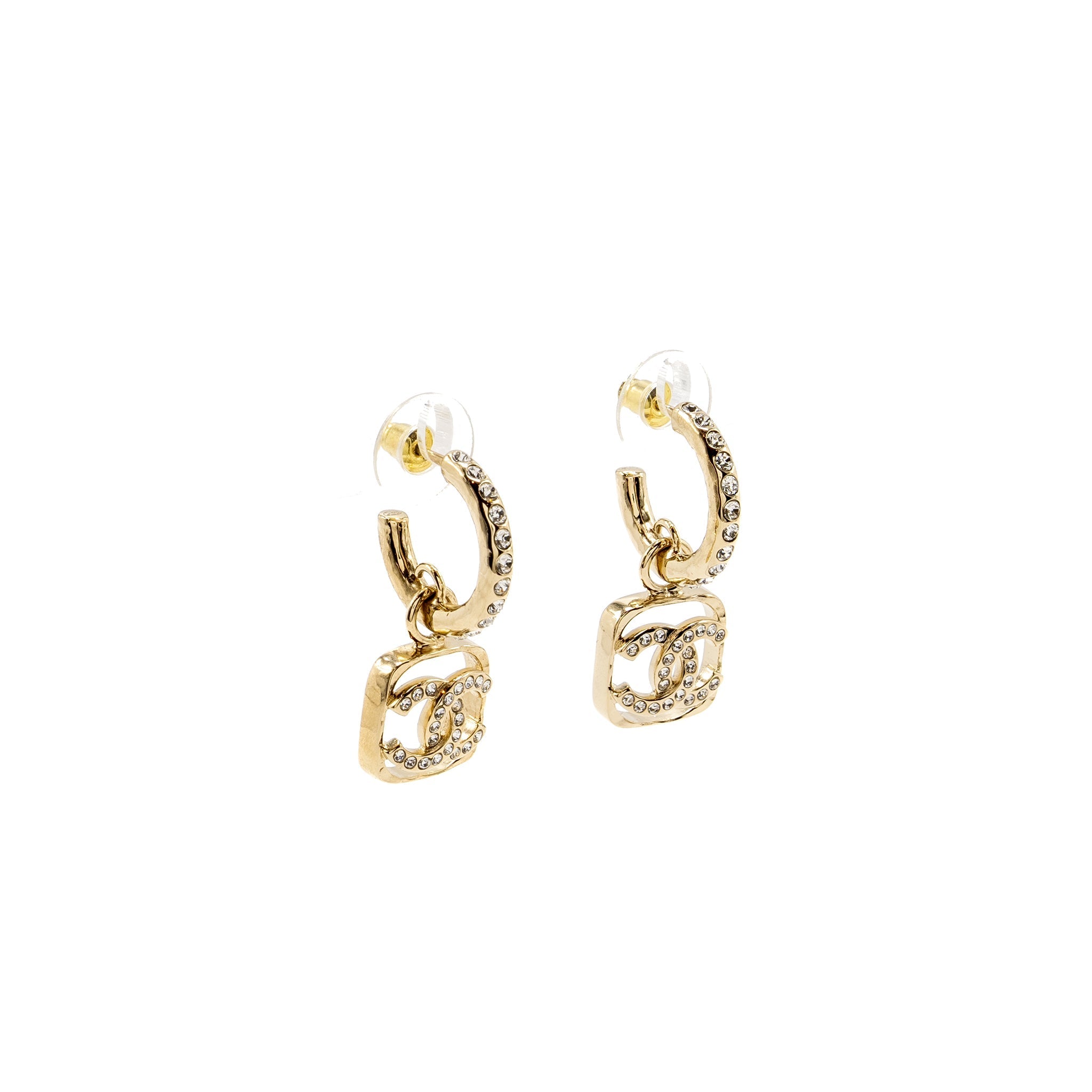 CHANEL SQUARE CC LOGO DROPPED EARRINGS CRYSTAL LIGHT GOLD TONE