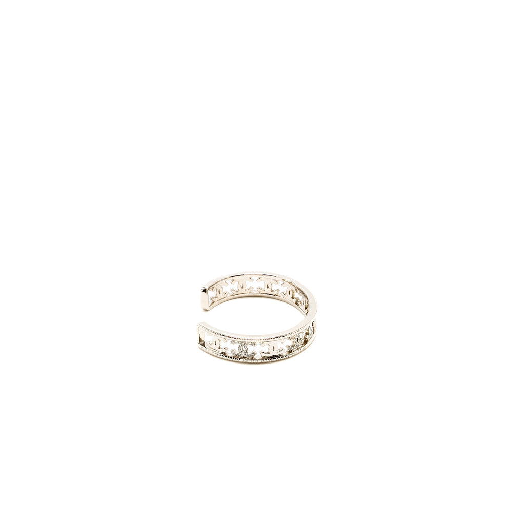 CHANEL CC LOGO CUFF BRACELET CRYSTAL SILVER TONE