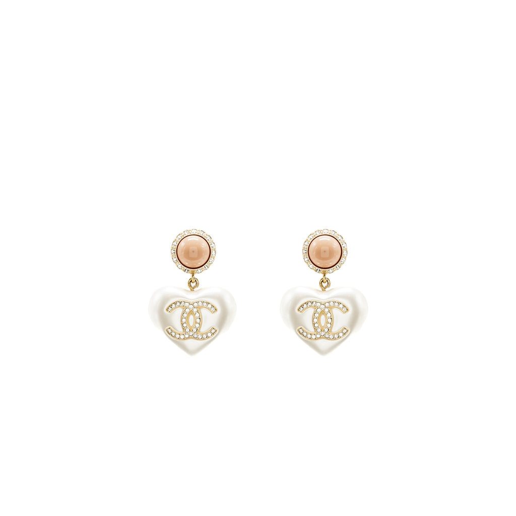 CHANEL GIANT CC LOGO HEART EARRINGS CRYSTAL/PEARL LIGHT GOLD TONE