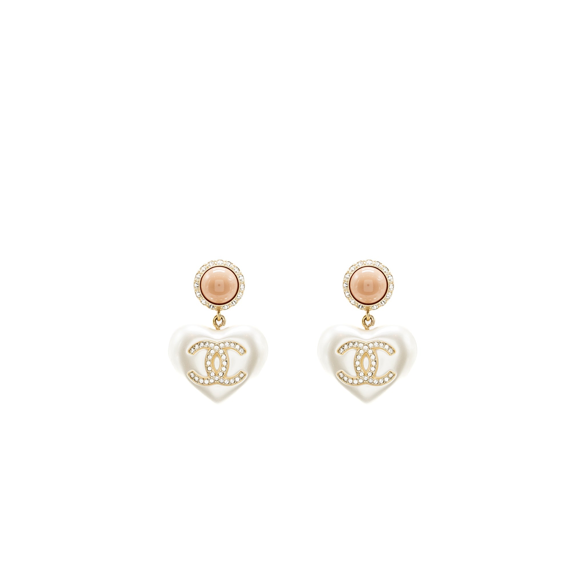 CHANEL GIANT CC LOGO HEART EARRINGS CRYSTAL/PEARL LIGHT GOLD TONE