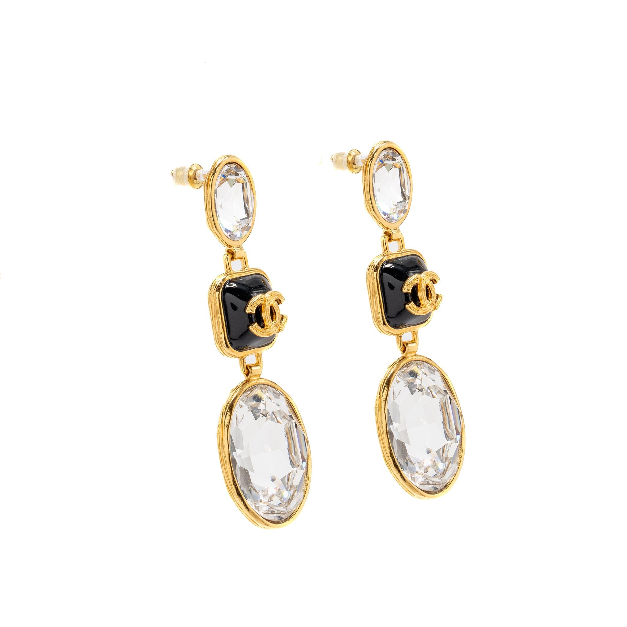 CHANEL CC CHARM AND CRYSTAL DROP EARRINGS GOLD TONE