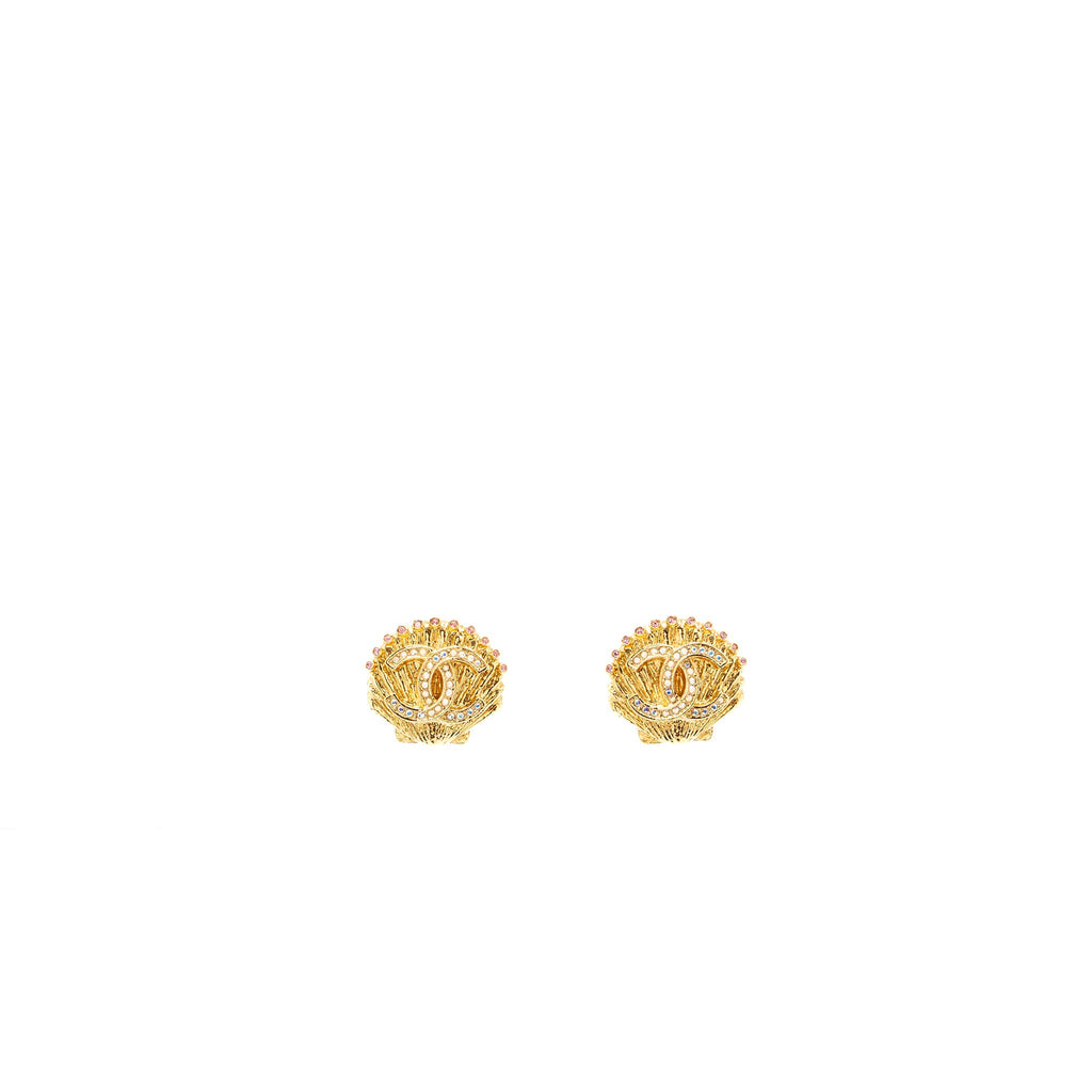 CHANEL SHELL CC LOGO EARRINGS CRYSTAL GOLD TONE
