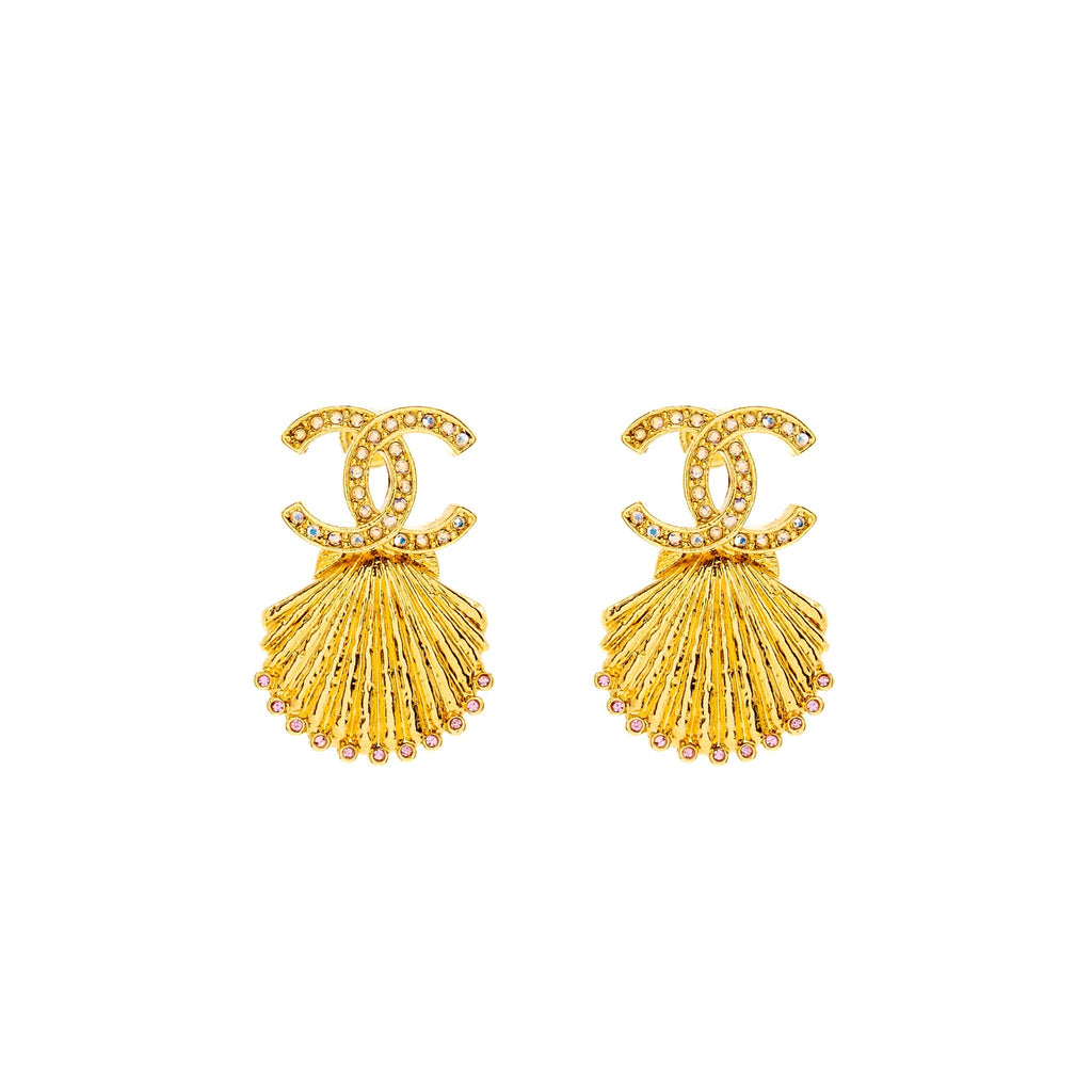 CHANEL CC SHELL EARRINGS CRYSTAL MULTICOLOUR GOLD TONE
