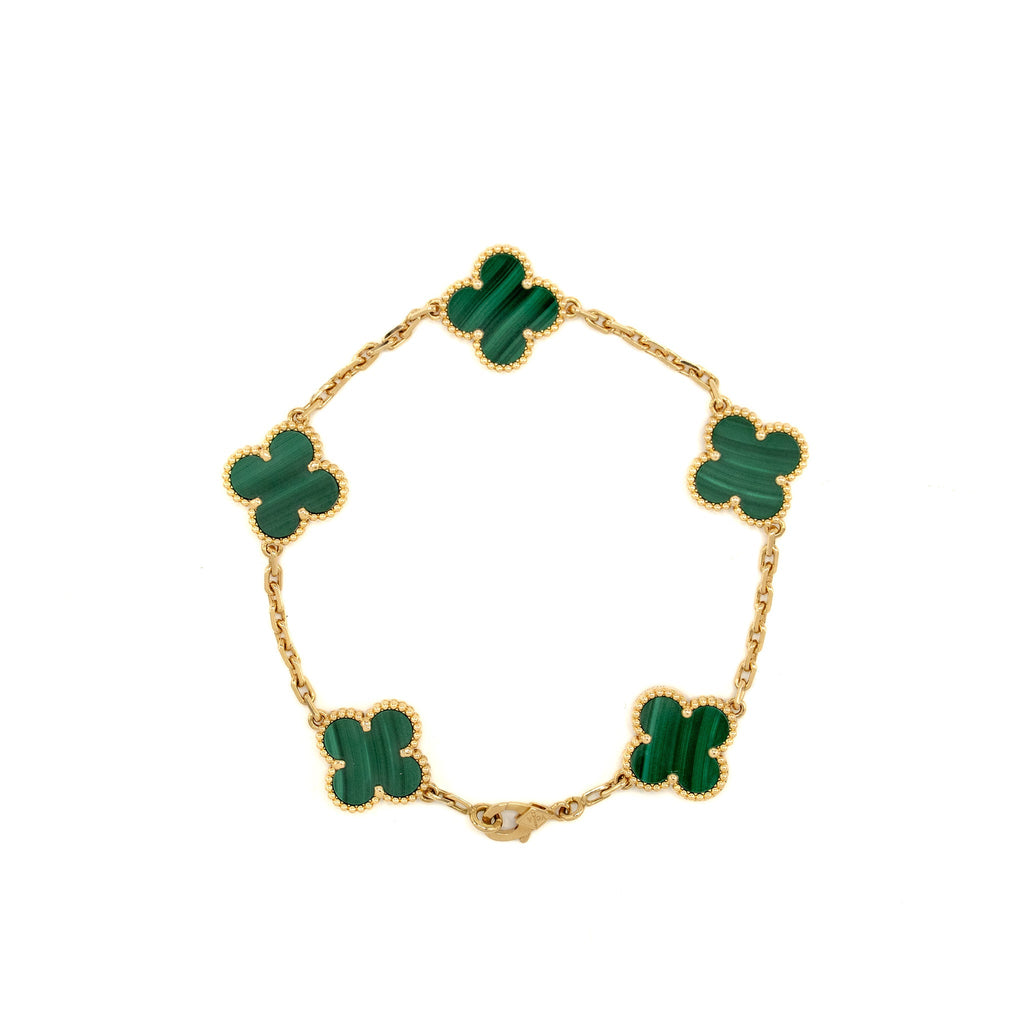 VAN CLEEF AND ARPELS VINTAGE ALHAMBRA BRACELET 5 MOTIF 18K YELLOW GOLD, MALACHITE