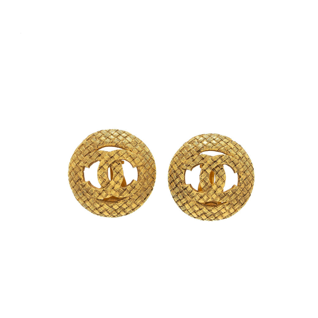 CHANEL GIANT CC AND ROUND EAR CLIP BRUSHED GOLD TONE