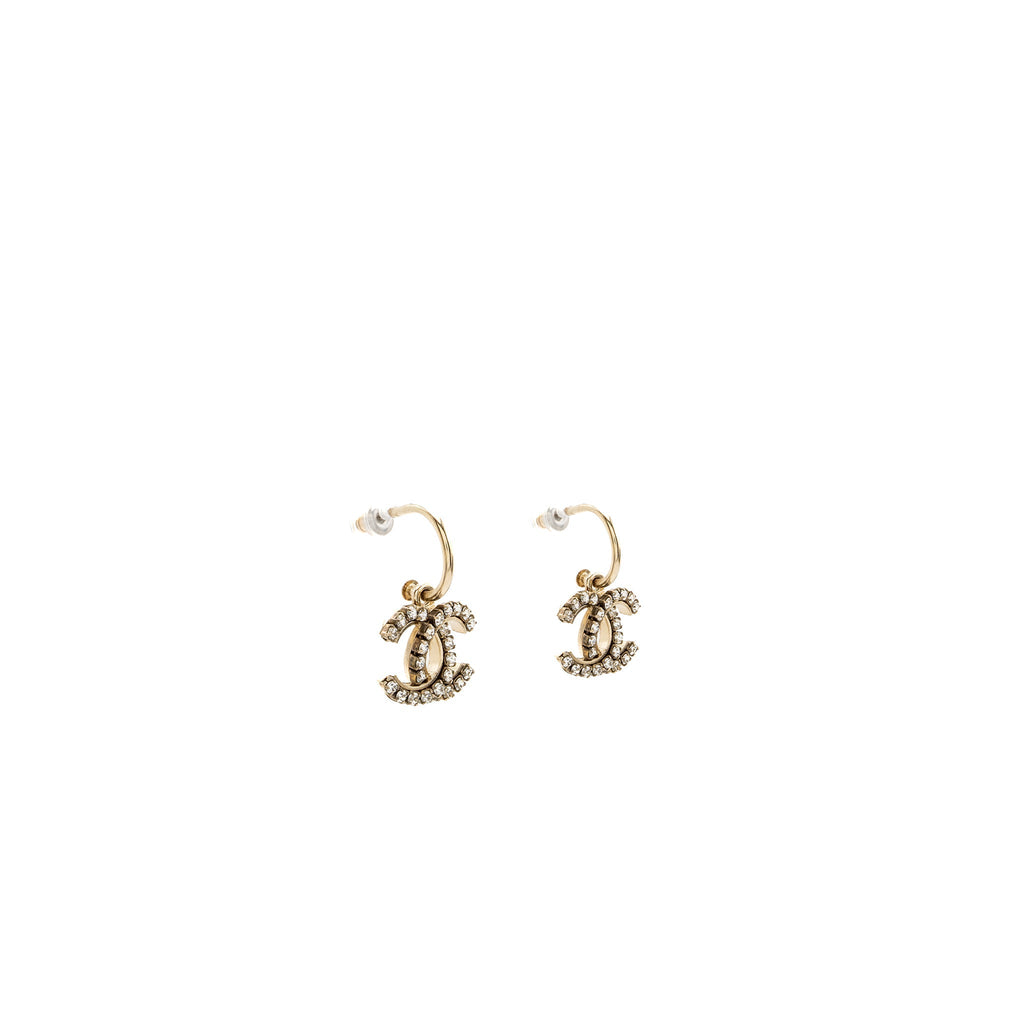 CHANEL CC LOGO DROP CRYSTAL EARRINGS LIGHT GOLD TONE