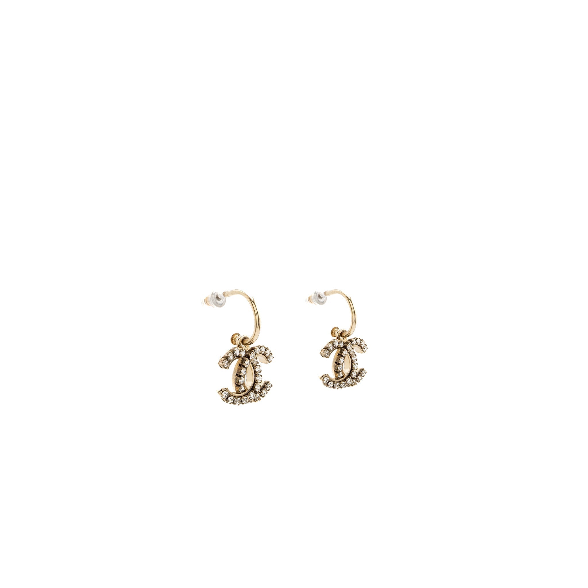 CHANEL CC LOGO DROP CRYSTAL EARRINGS LIGHT GOLD TONE