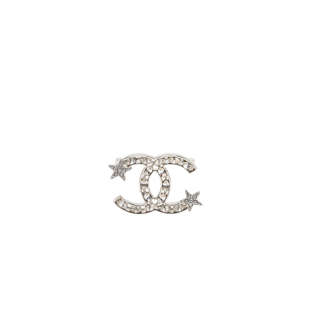 CHANEL CC LOGO STAR BROOCH WITH CRYSTAL SILVER TONE