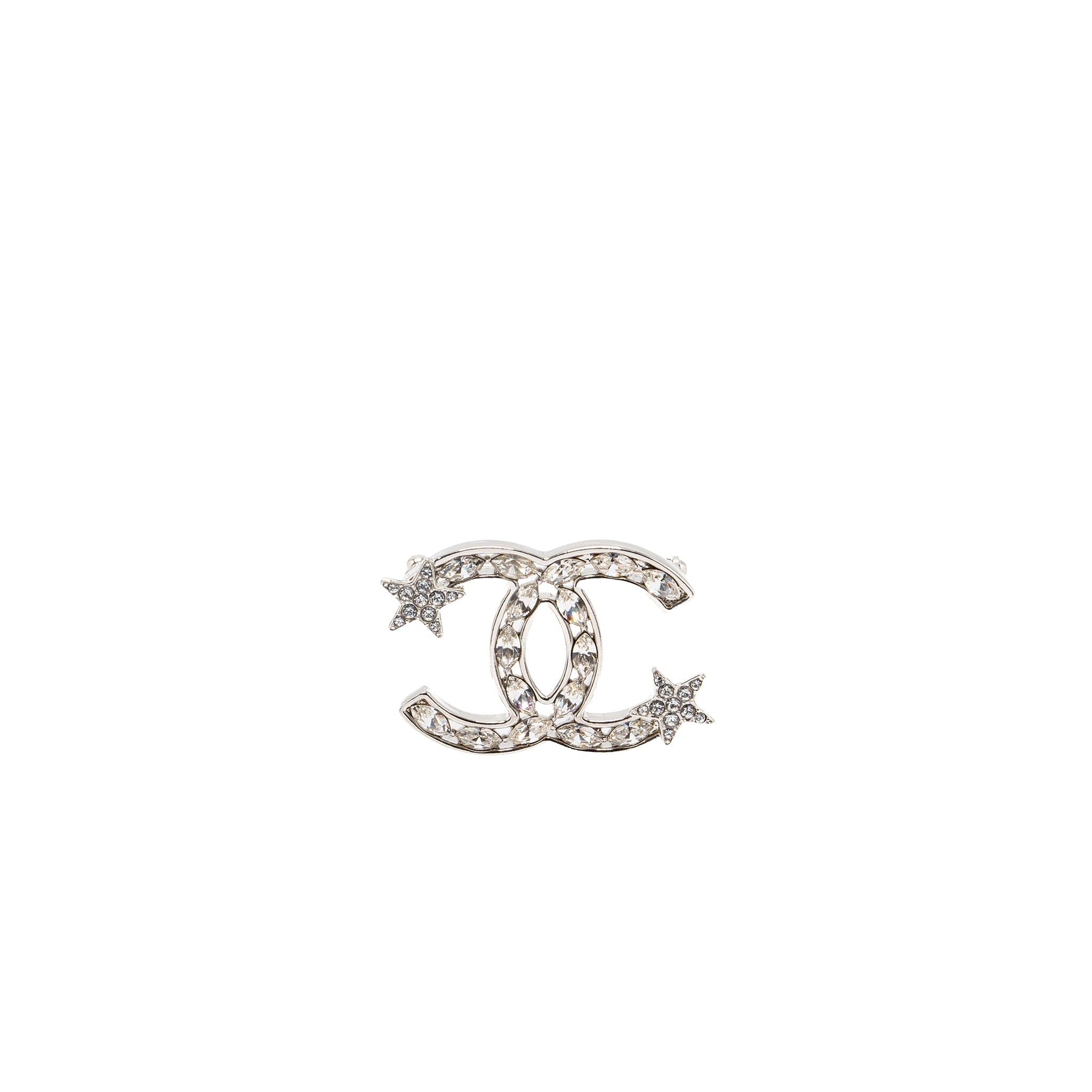 CHANEL CC LOGO STAR BROOCH WITH CRYSTAL SILVER TONE