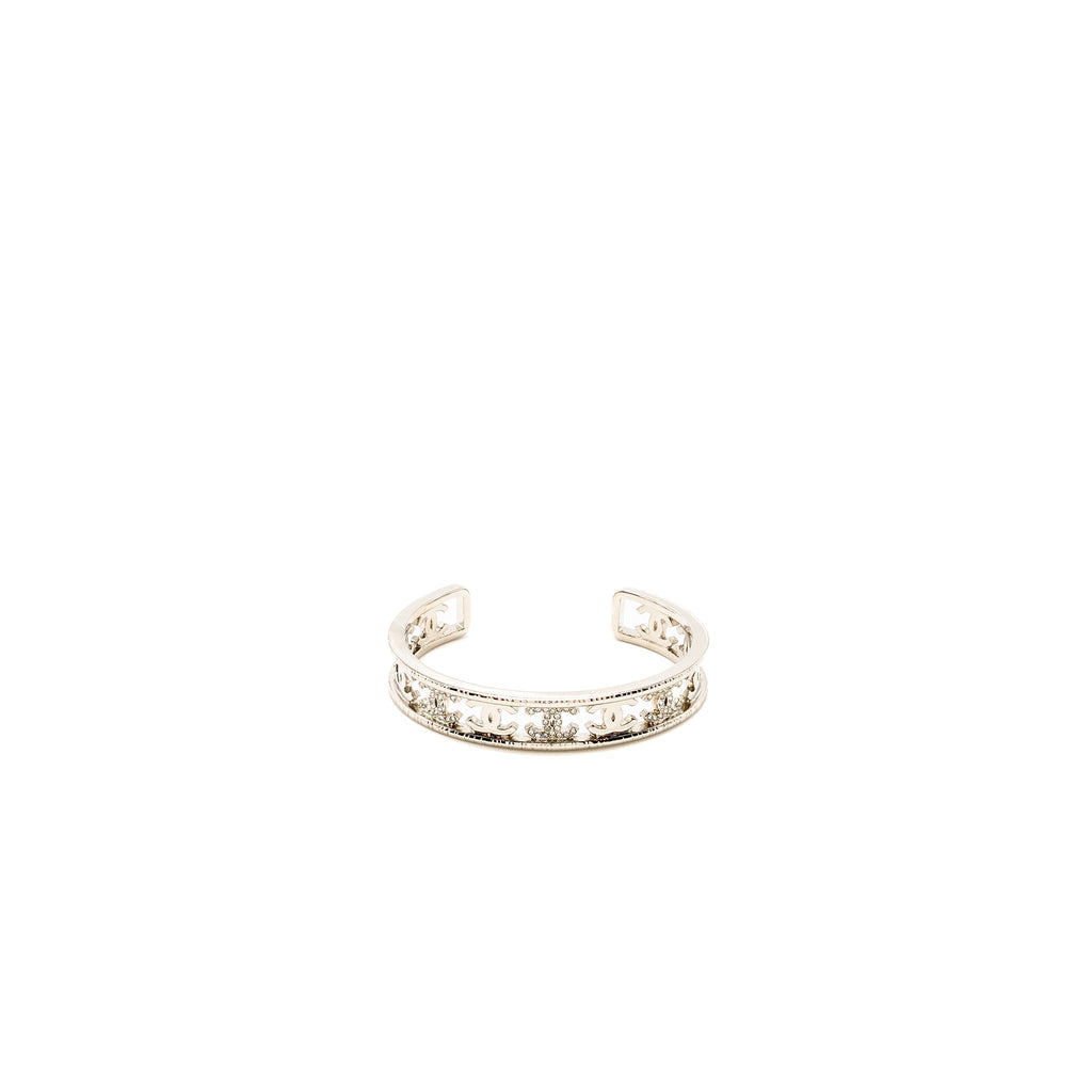 CHANEL CC LOGO CUFF BRACELET CRYSTAL SILVER TONE