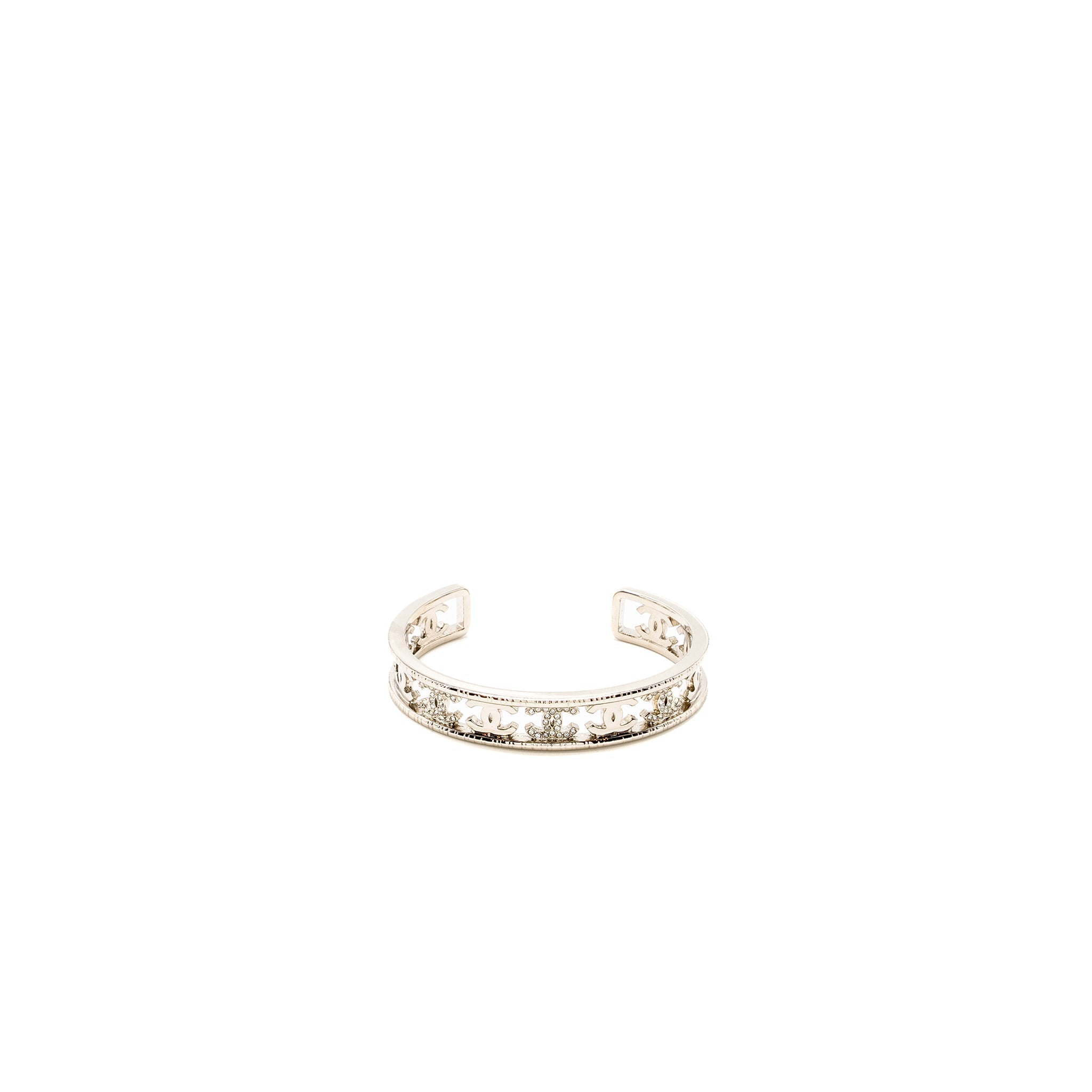 CHANEL CC LOGO CUFF BRACELET CRYSTAL SILVER TONE