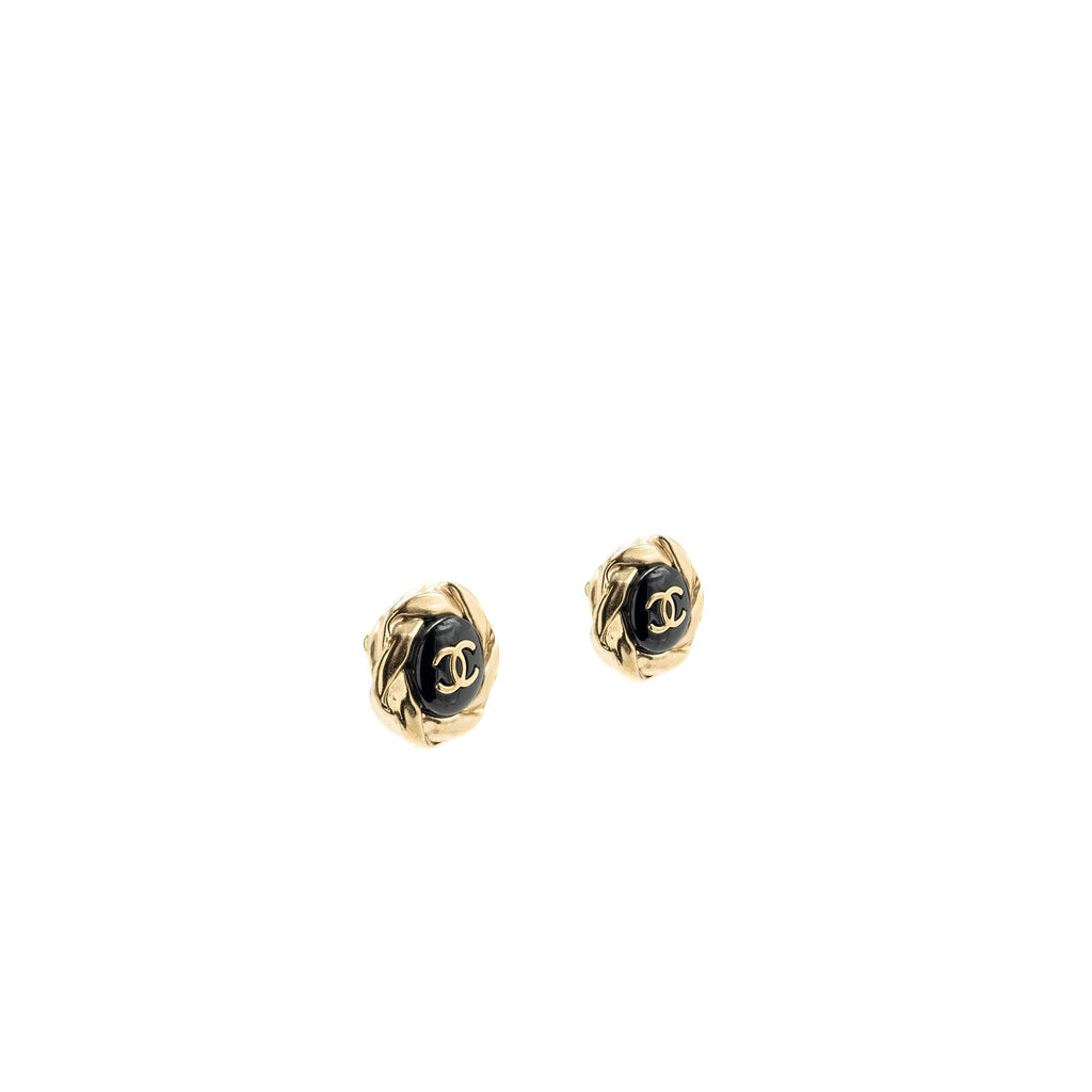 CHANEL CC LOGO WITH ROUND FLOWER EARRINGS BLACK/GOLD TONE