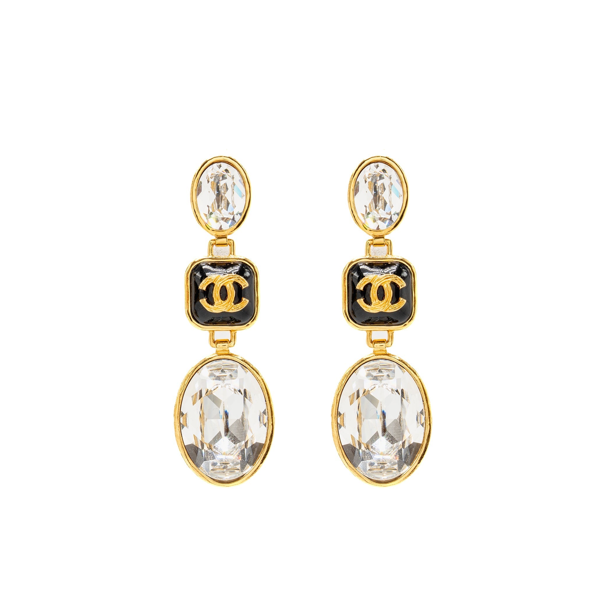 CHANEL CC CHARM AND CRYSTAL DROP EARRINGS GOLD TONE