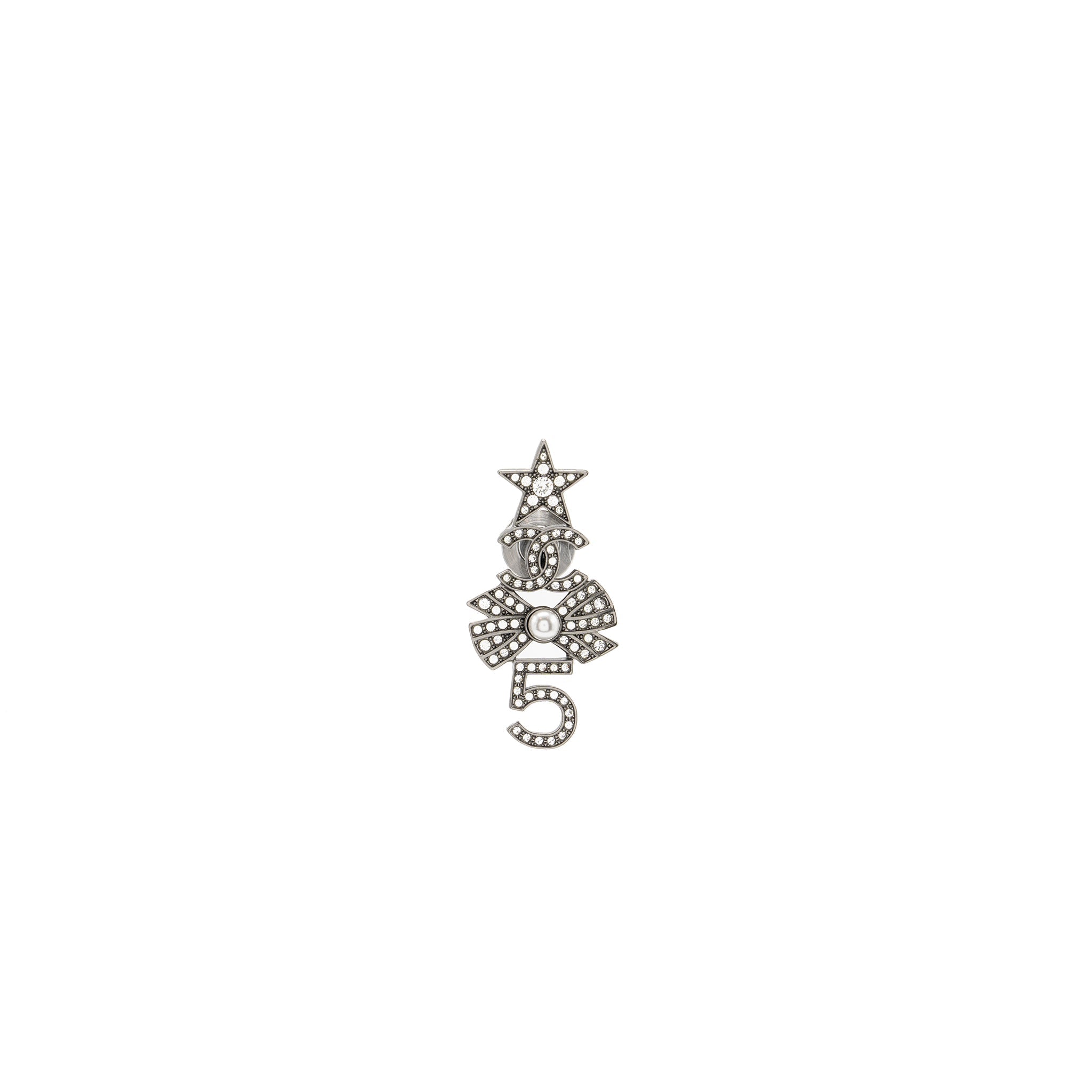 CHANEL STAR / 5 / RIBBON BROOCH WITH CRYSTAL SILVER TONE