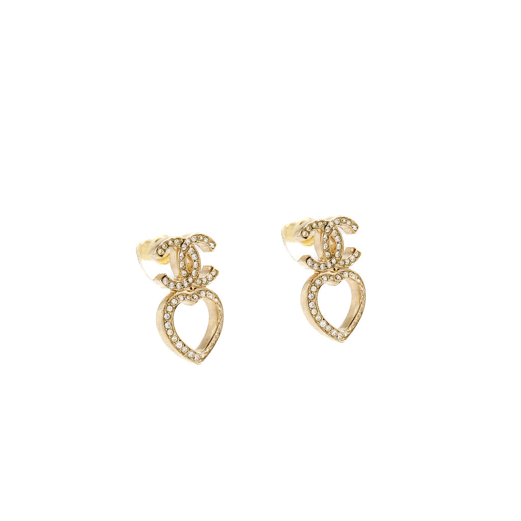 CHANEL CC HEART EARRINGS CRYSTAL LIGHT GOLD TONE