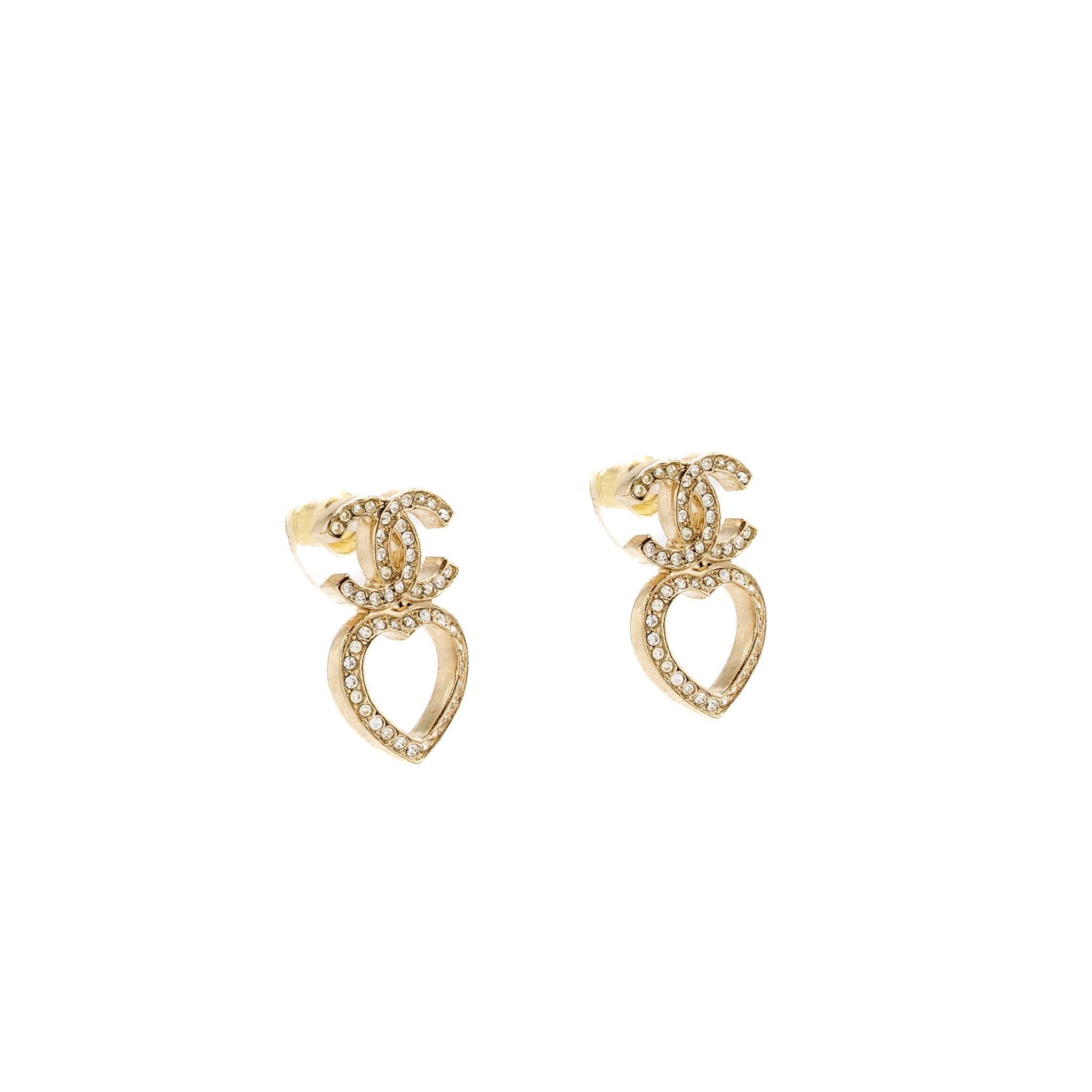 CHANEL CC HEART EARRINGS CRYSTAL LIGHT GOLD TONE