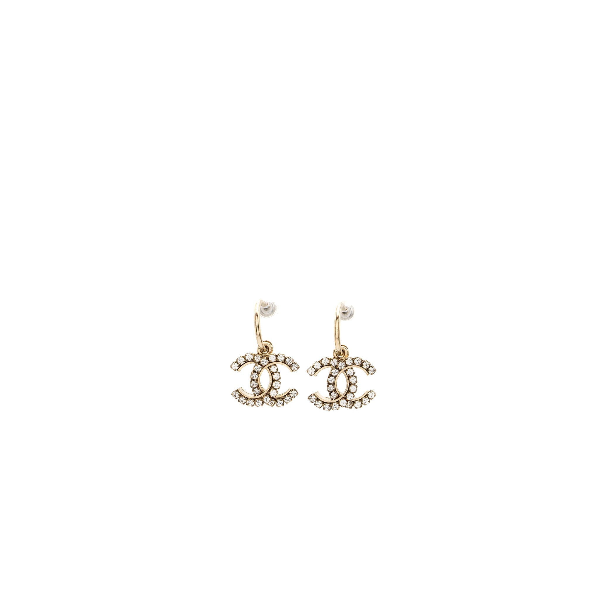CHANEL CC LOGO DROP CRYSTAL EARRINGS LIGHT GOLD TONE